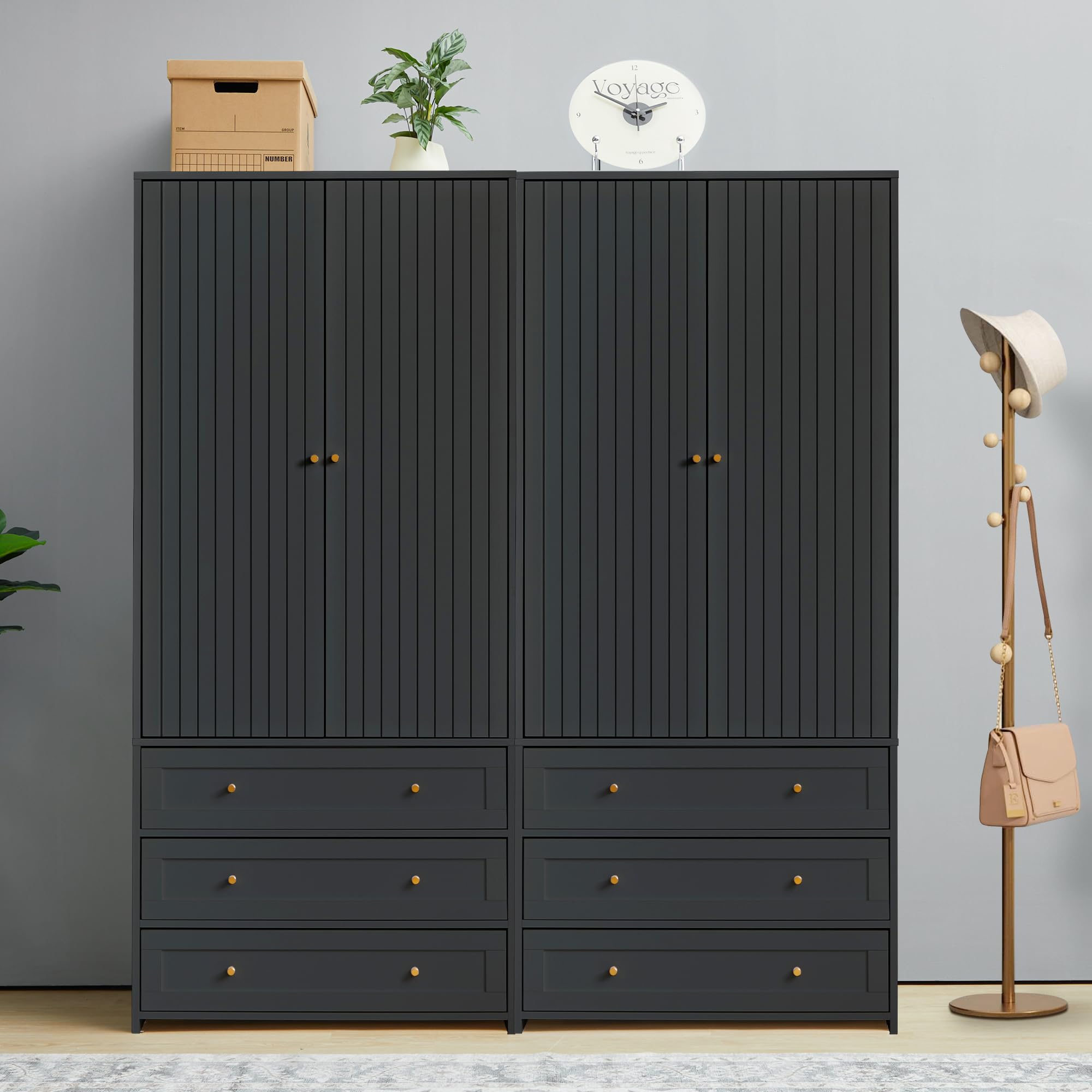 2-Door Wardrobe Armoire with 3 Drawers and Hanging Rod