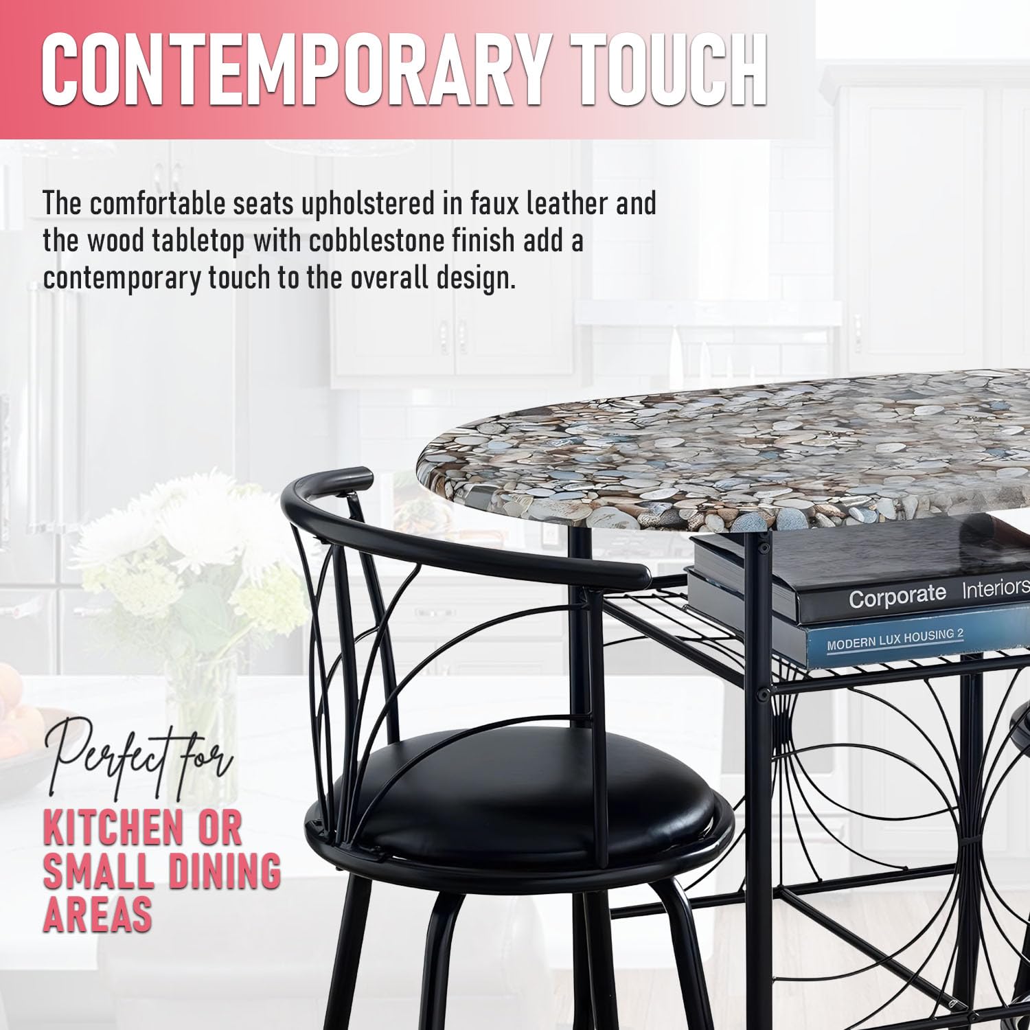 3-Piece Faux Marble Pub Dining Set with Storage