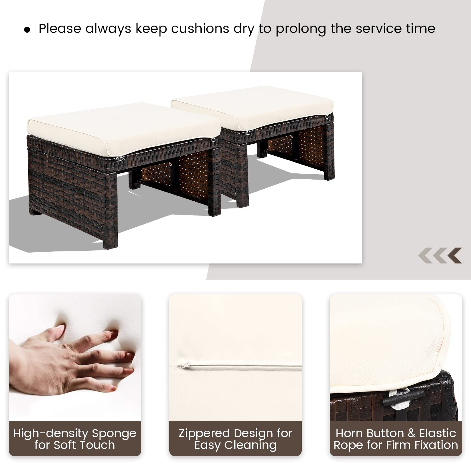 2-Piece Outdoor Wicker Ottomans with Removable Cushions