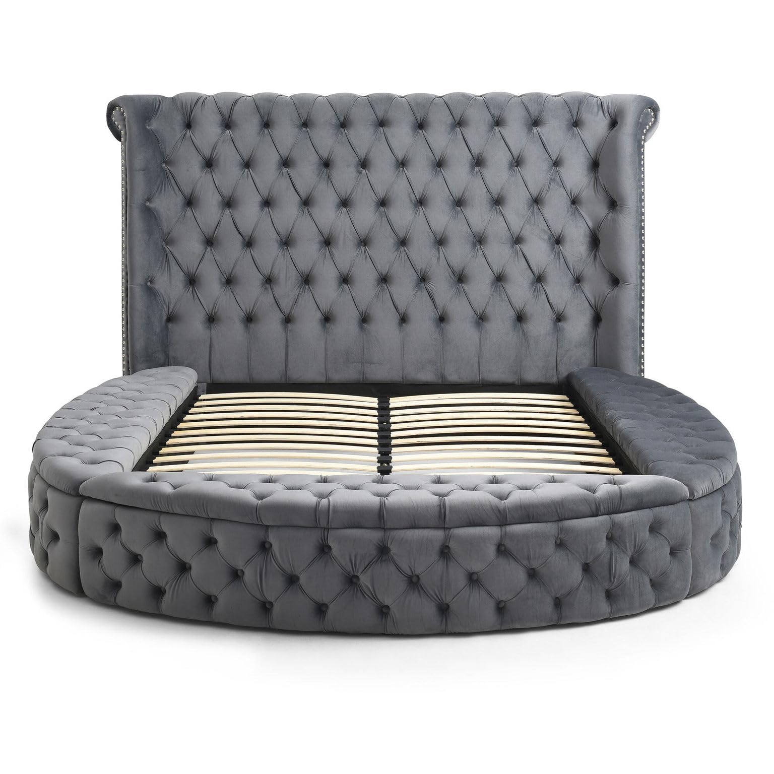 Upholstered Round Storage Bed Grey Velvet Queen