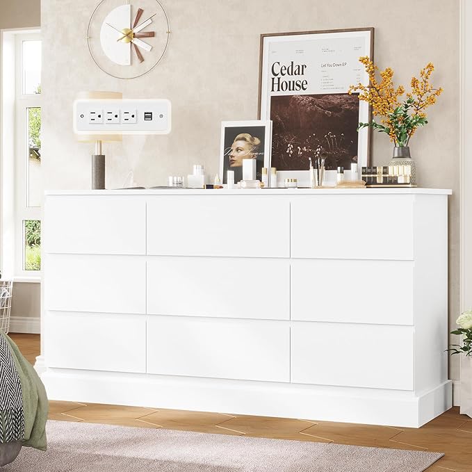 Modern White Dresser with 9 Drawers and Power Outlets