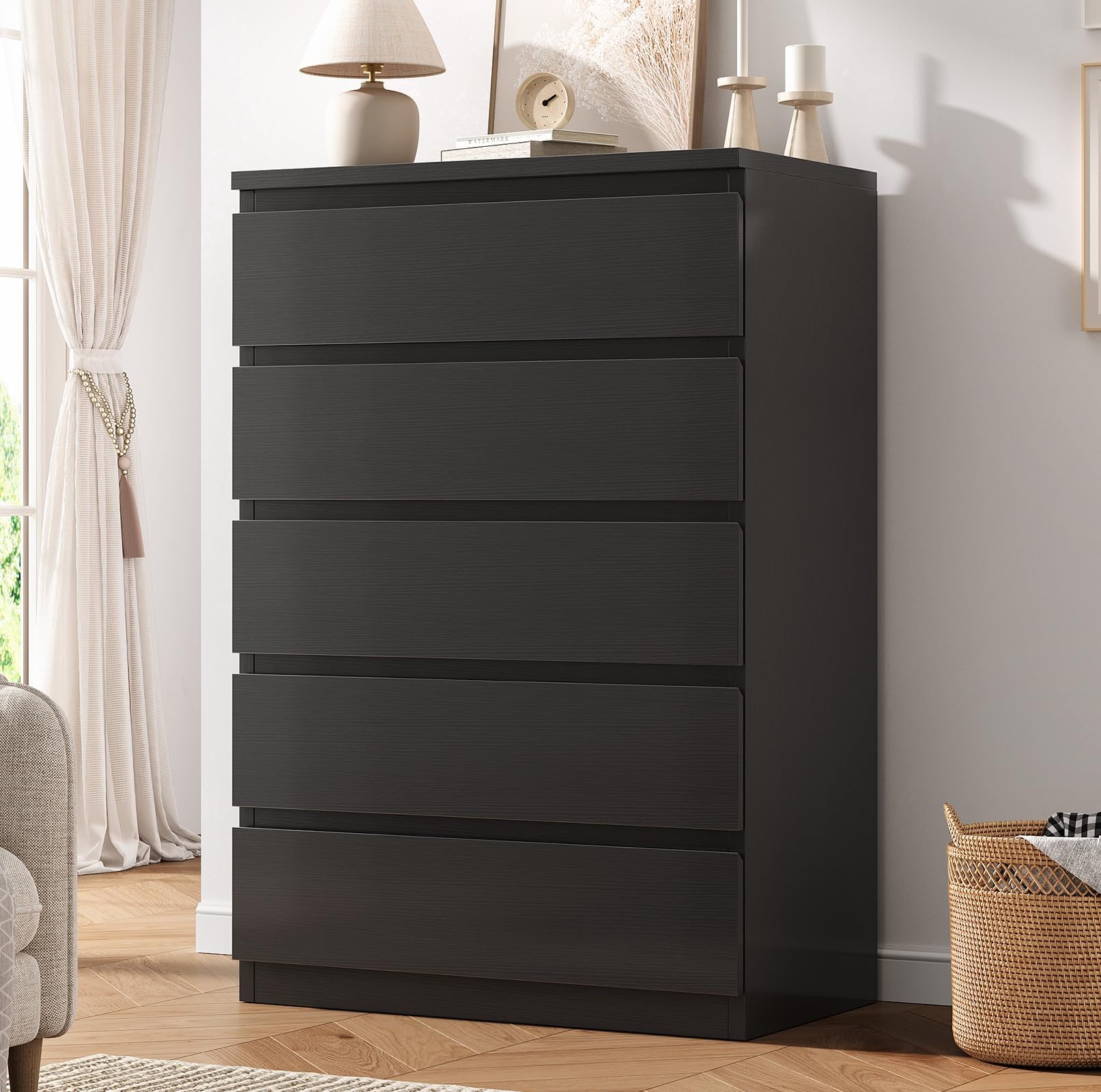 Black 5 Drawer Dresser with Handleless Drawers