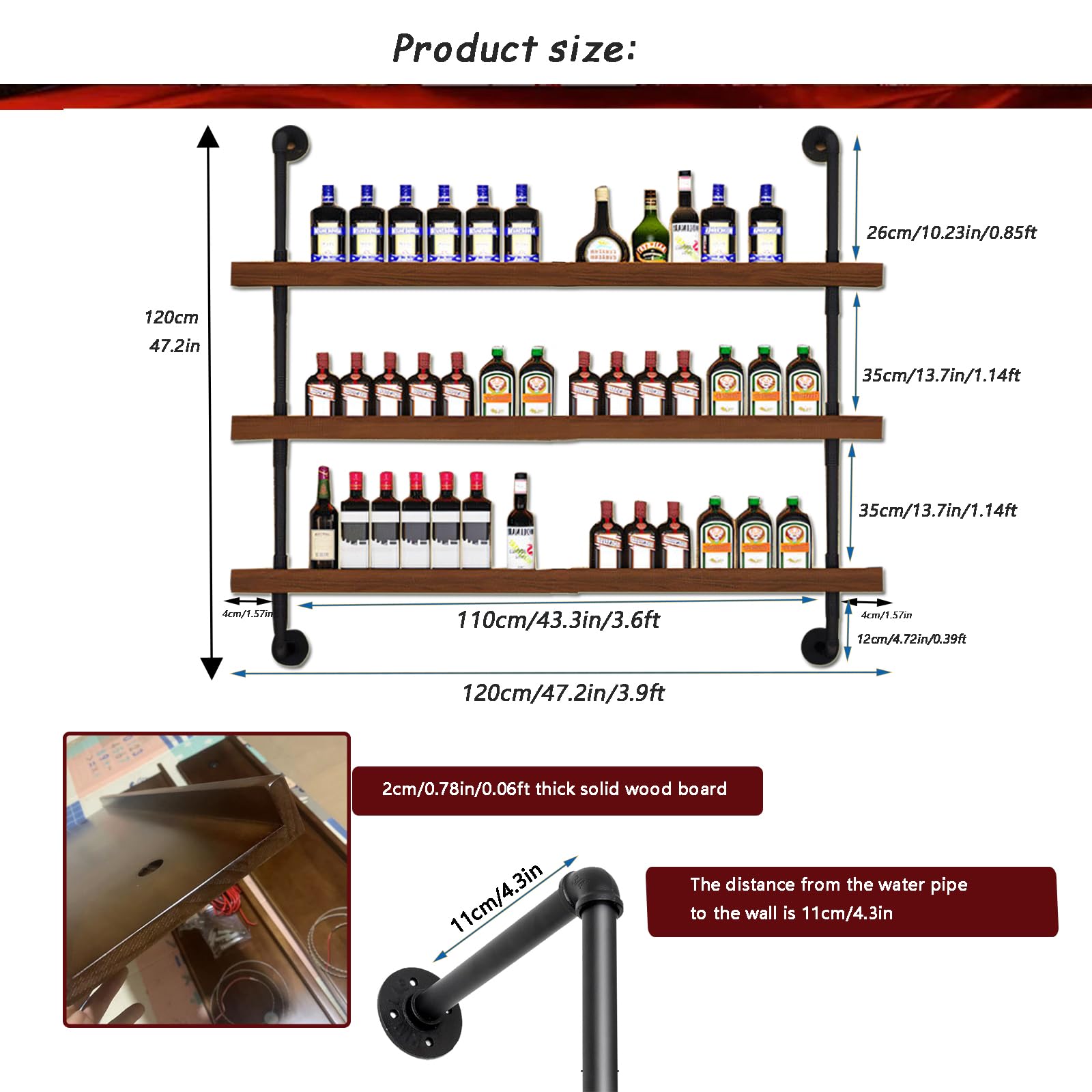 Large Wine Rack with LED Light - 3-Tier Wall Mounted Floating Shelves