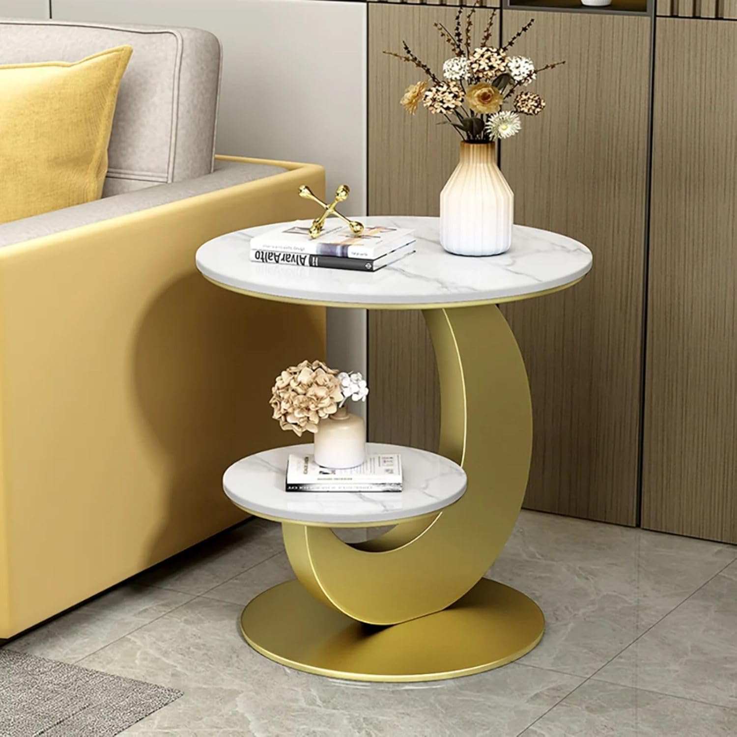 Modern Round End Table Faux Marble 2-Tier with Storage Shelf