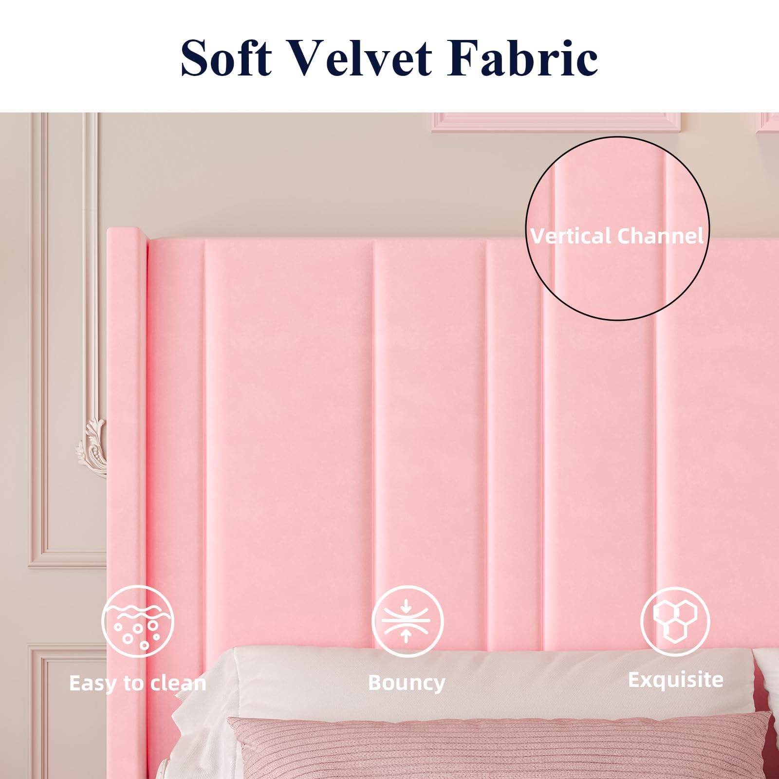 Pink Velvet Queen Bed Frame with Tufted Headboard