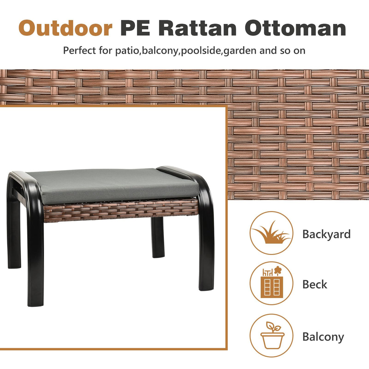 Outdoor Rattan Footstool Ottoman with Cushion
