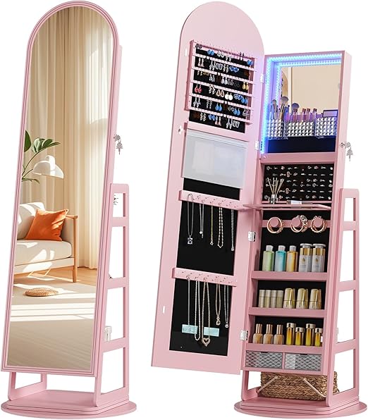 Arched Mirror Jewelry Cabinet with LED & 360° Swivel
