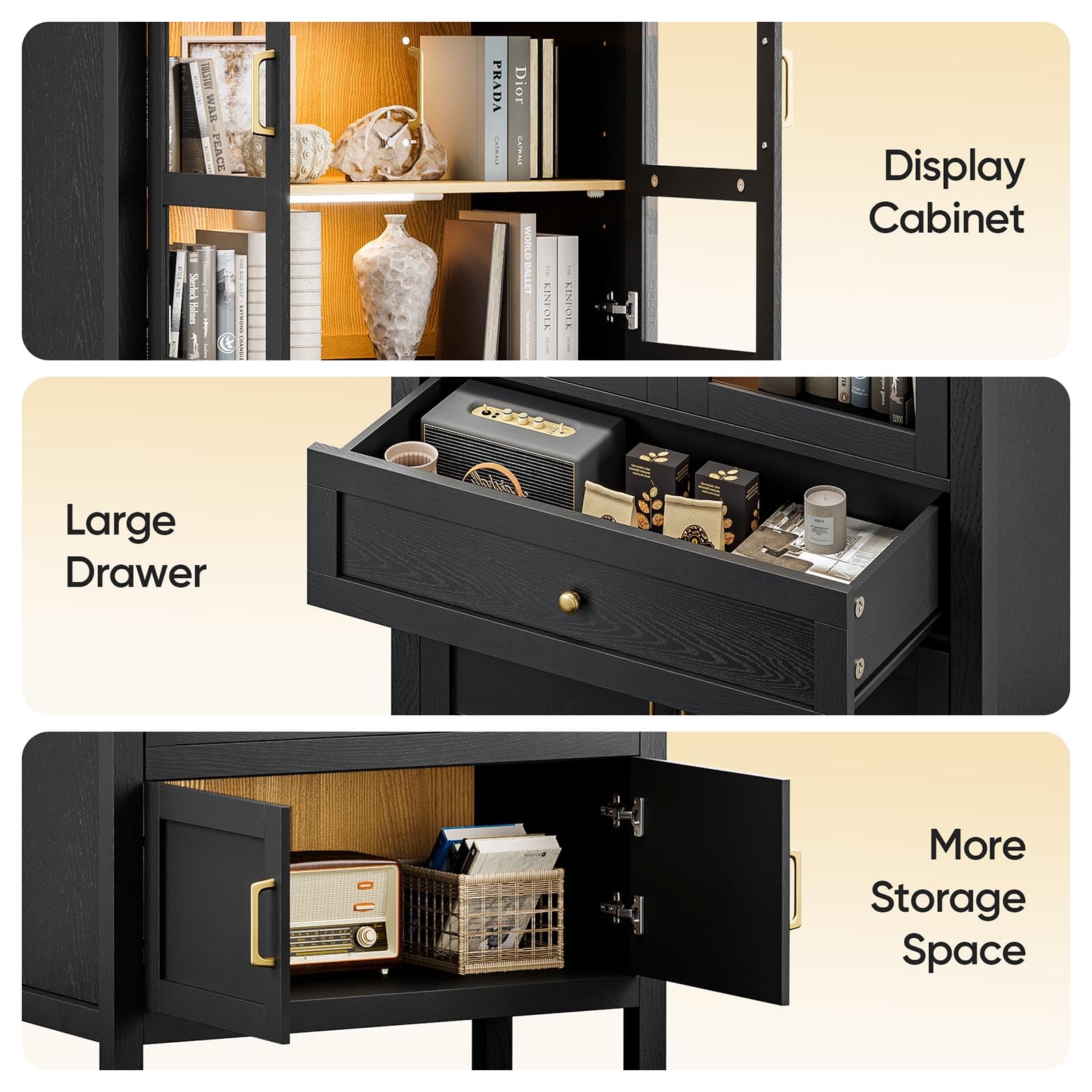 Arched Glass Display China Cabinet with LED Lighting