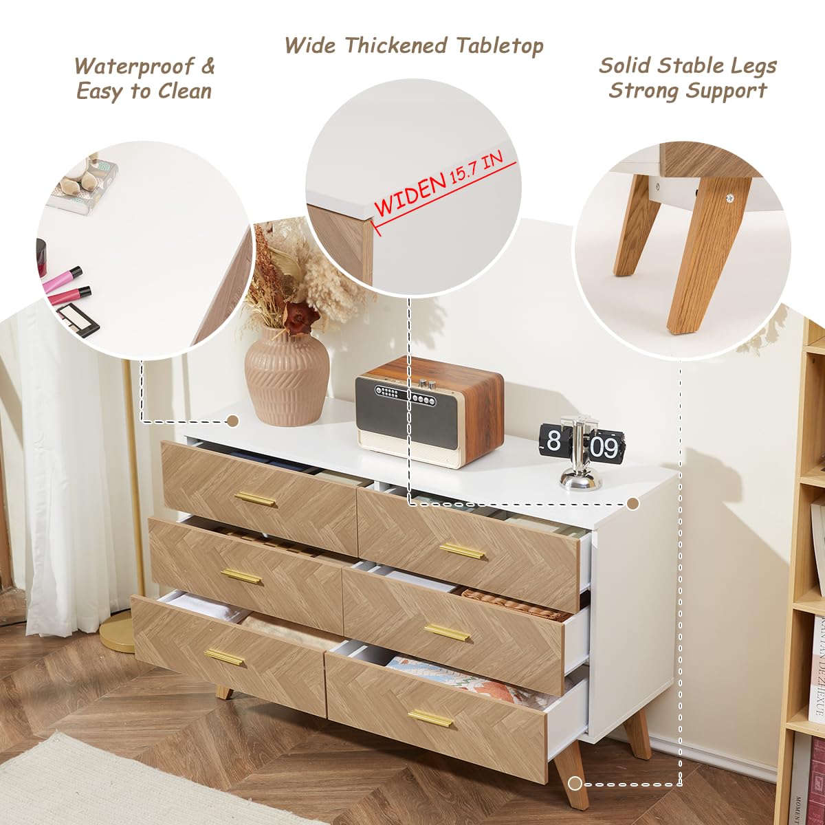 6 Drawer Wood Dresser Storage Cabinet