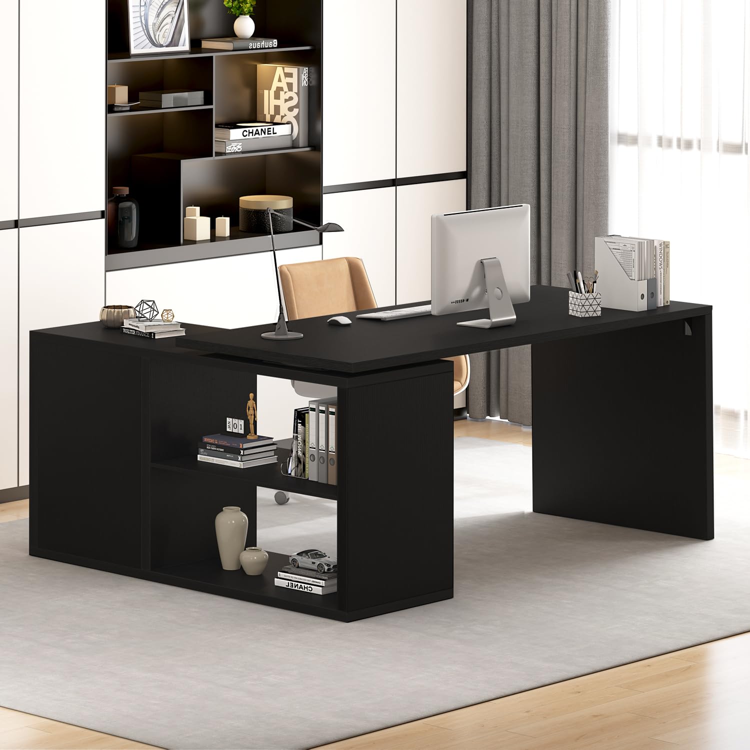 L-Shaped Corner Desk with Storage Shelves