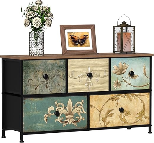 9-Drawer Fabric Dresser with Retro Floral Pattern