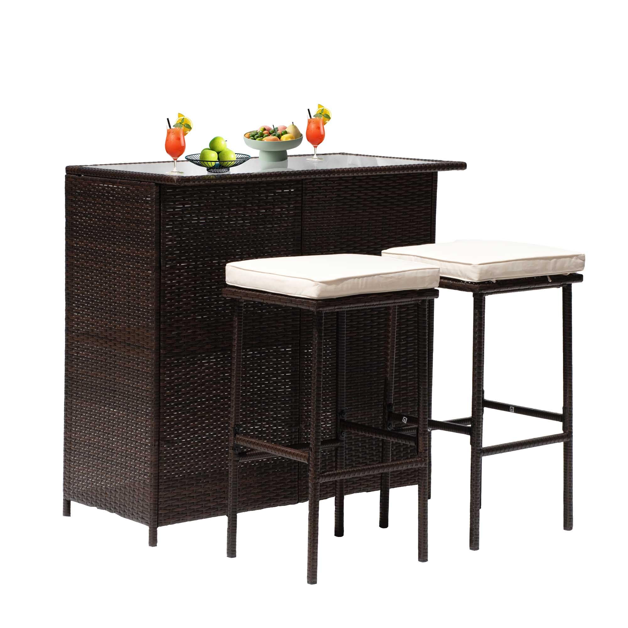 Rattan Bar Set with Glass Top and Storage