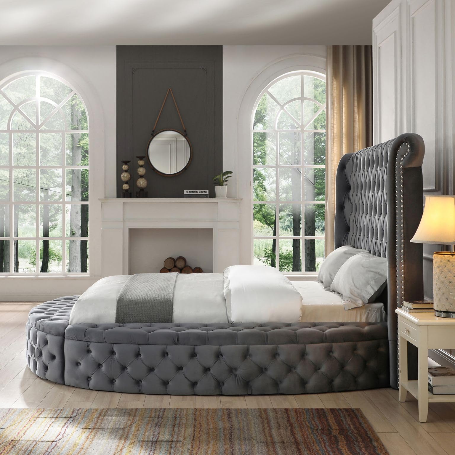 Upholstered Round Storage Bed Grey Velvet Queen