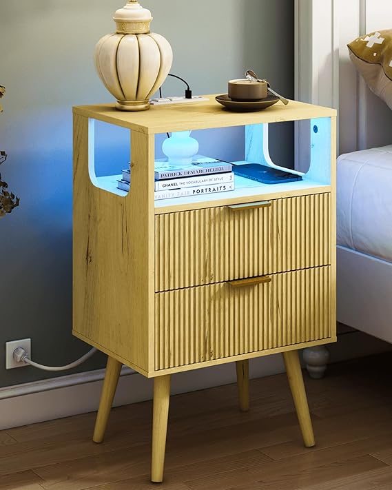 White Nightstand with Charging Station and LED Lights