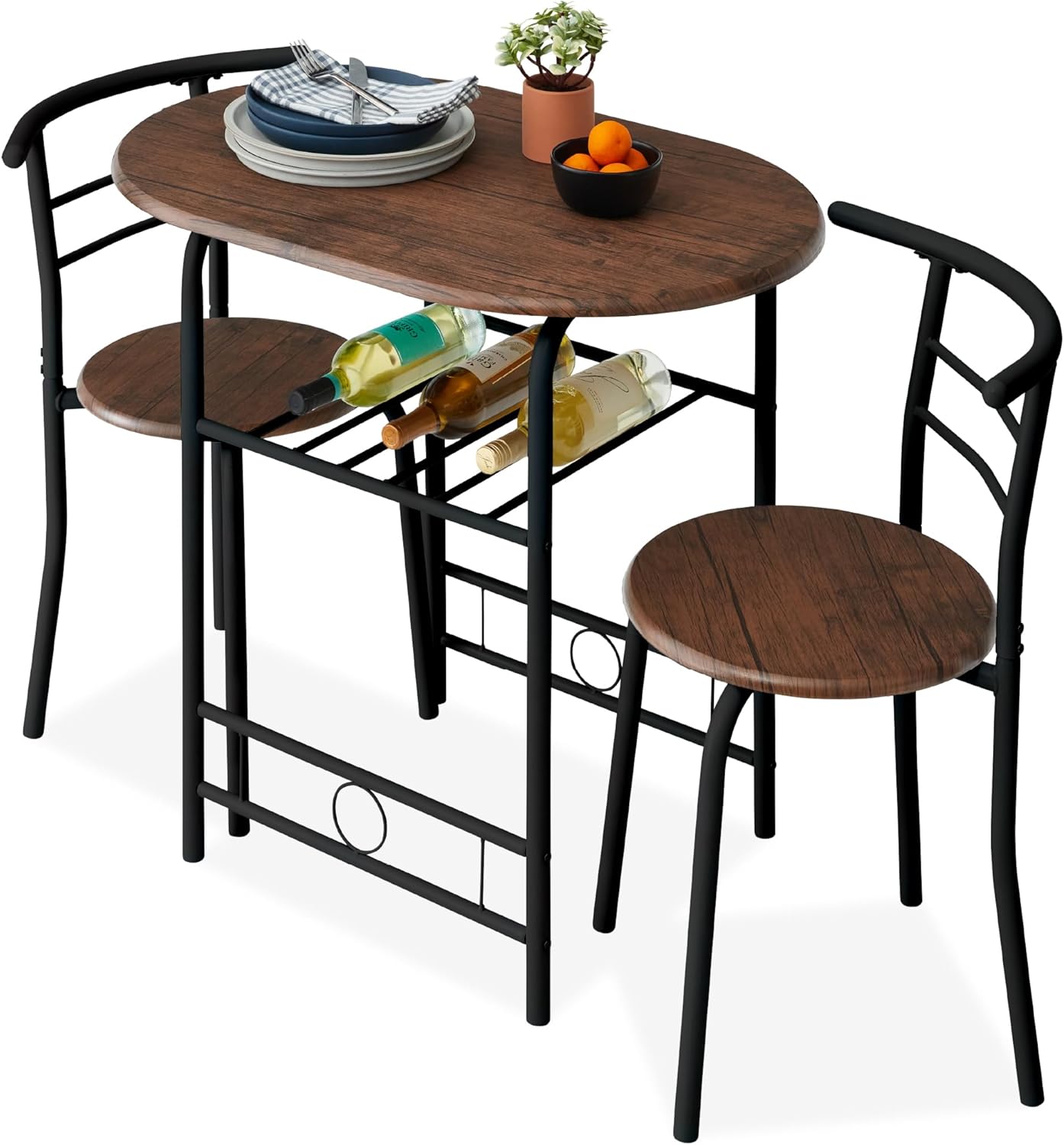 3-Piece Wooden Round Dining Table Set with Wine Rack