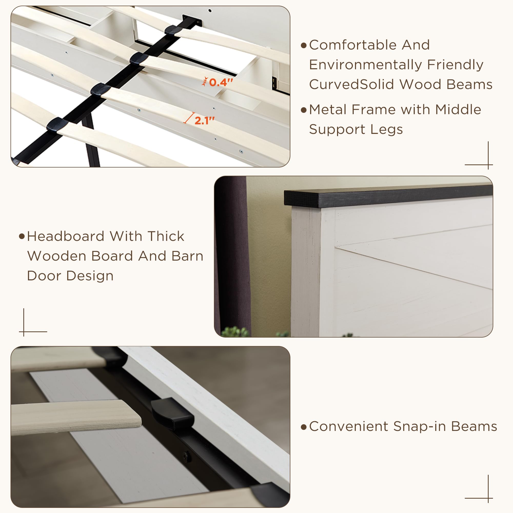 Farmhouse Wood Bed Frame Queen Size with Storage Cabinets