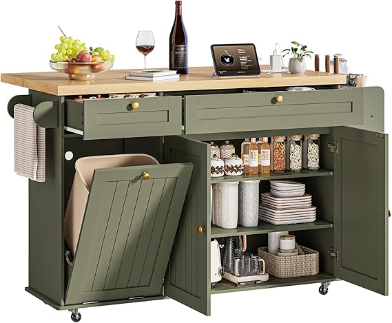 60" Kitchen Island with Power Outlet and Drop Leaf