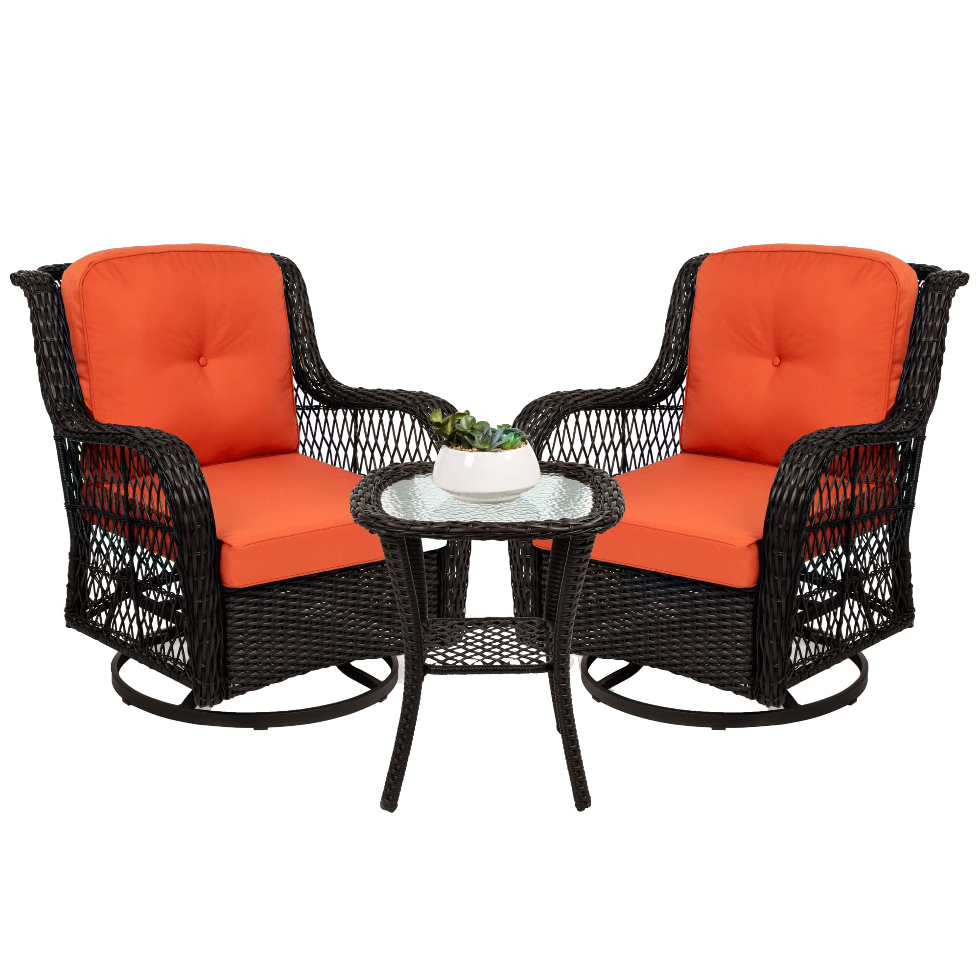3-Piece Outdoor Wicker Patio Bistro Set with Swivel Rocking Chairs