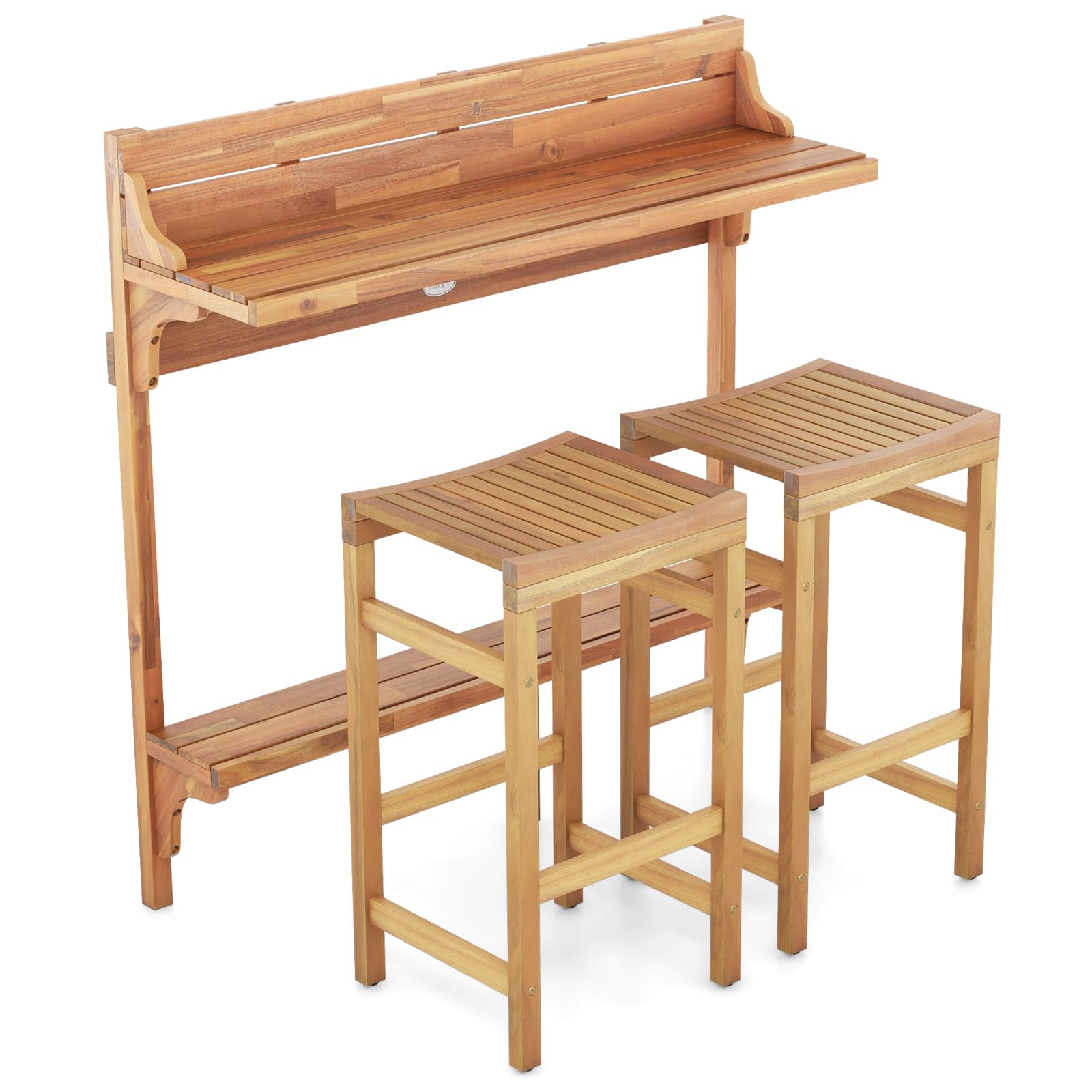 3-Piece Acacia Wood Balcony Bar Set with Stools