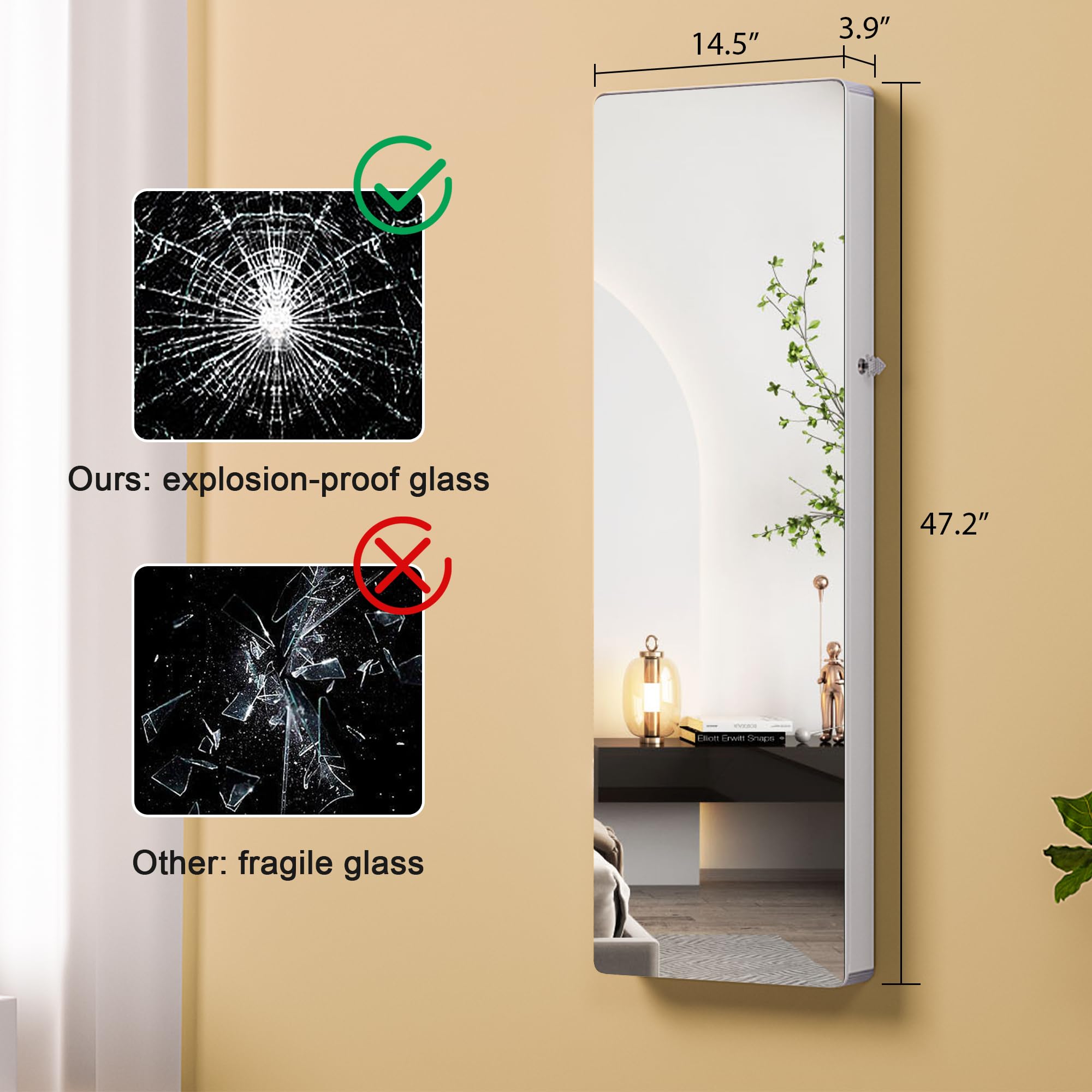 47.2" LED Wall Mounted Jewelry Cabinet with Full Length Mirror