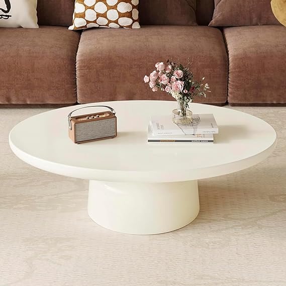 Oval Drum Coffee Table Modern Cream White Pedestal