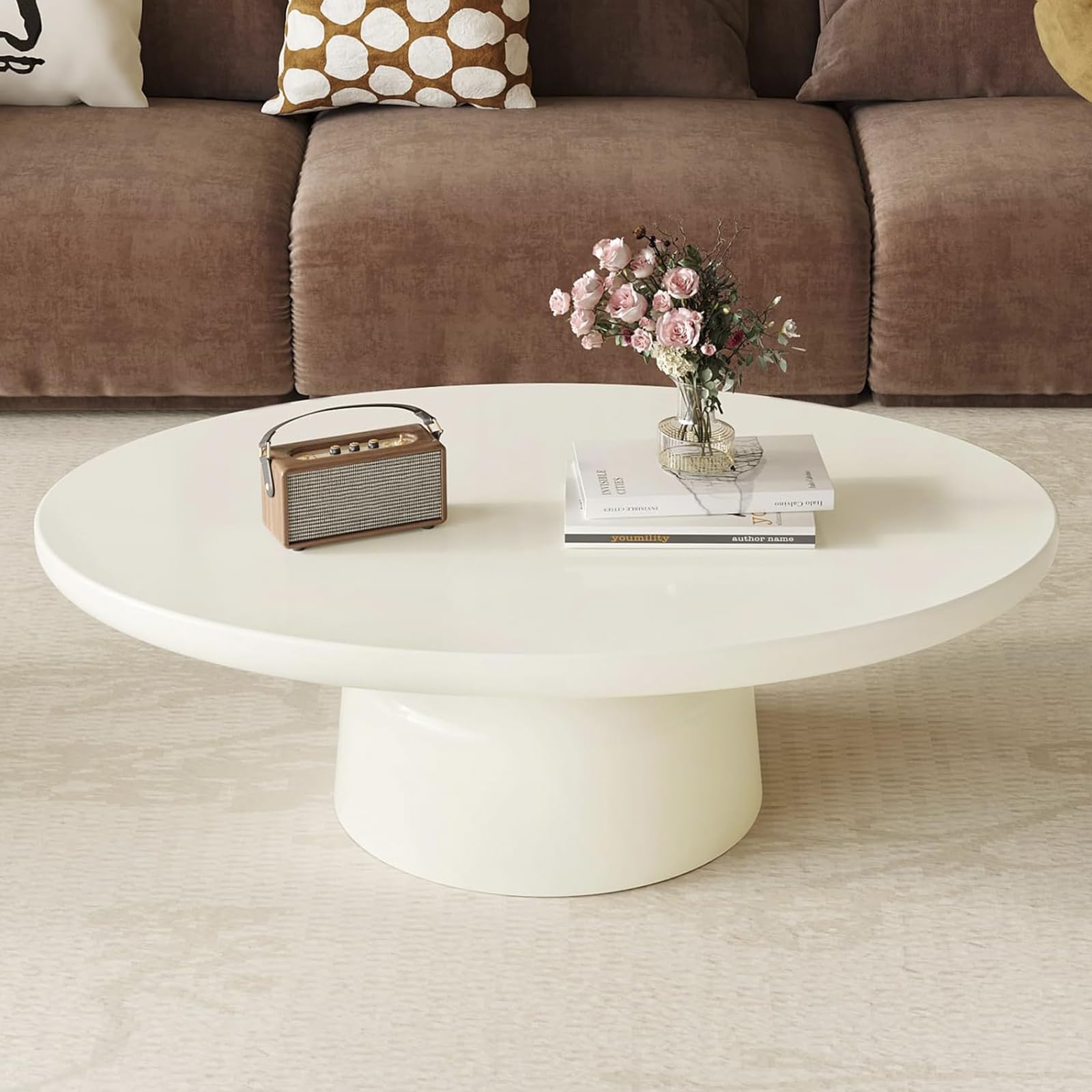 Oval Drum Coffee Table Modern Cream White Pedestal