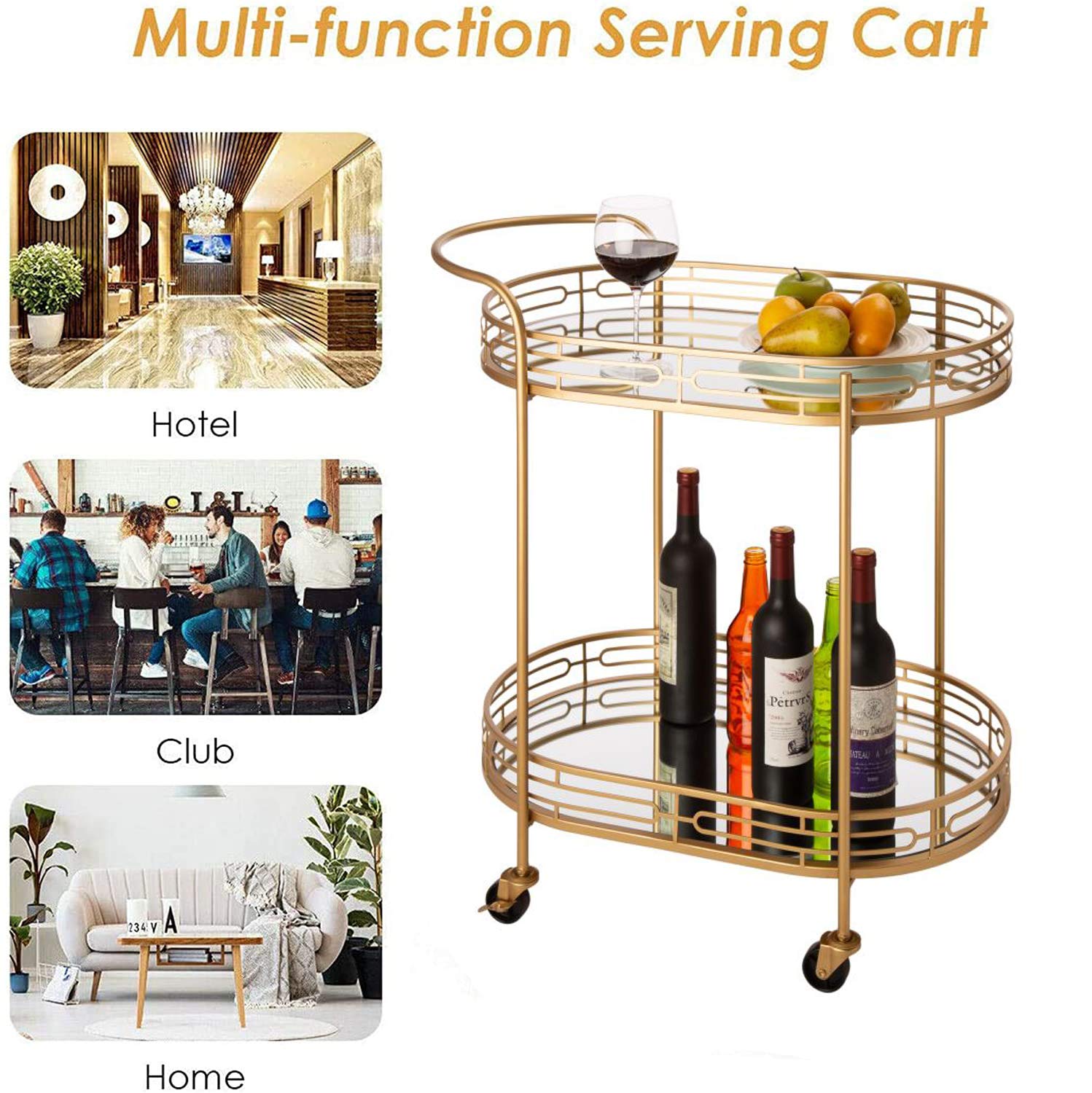 Oval Gold Bar Cart - 2-Tier Mirrored Glass with 4 Wheels
