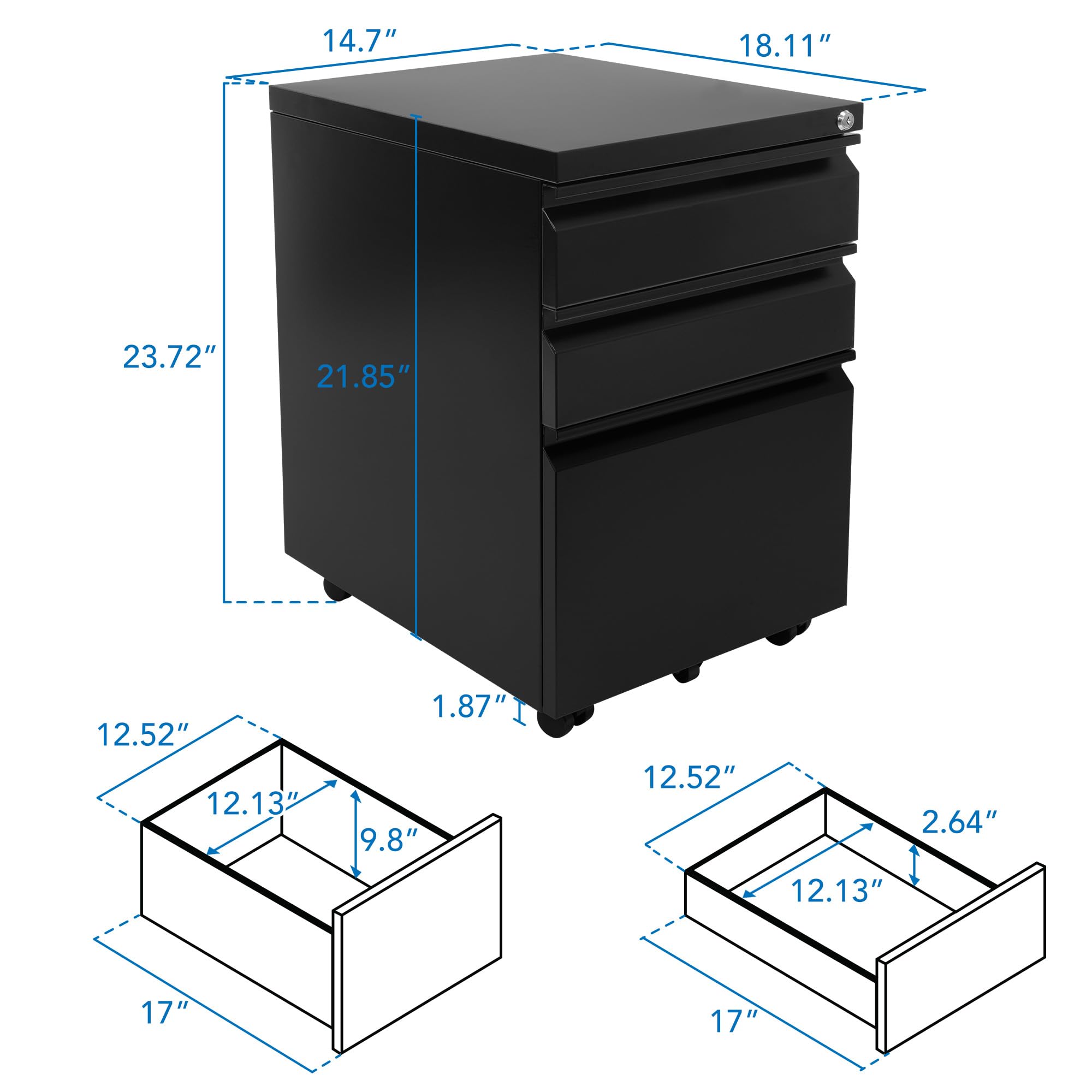3-Drawer File Cabinet with Lock and Wheels
