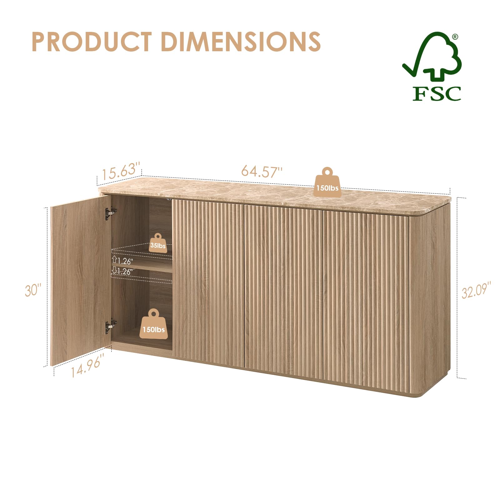 Fluted Sideboard Cabinet with Storage 64 Inch
