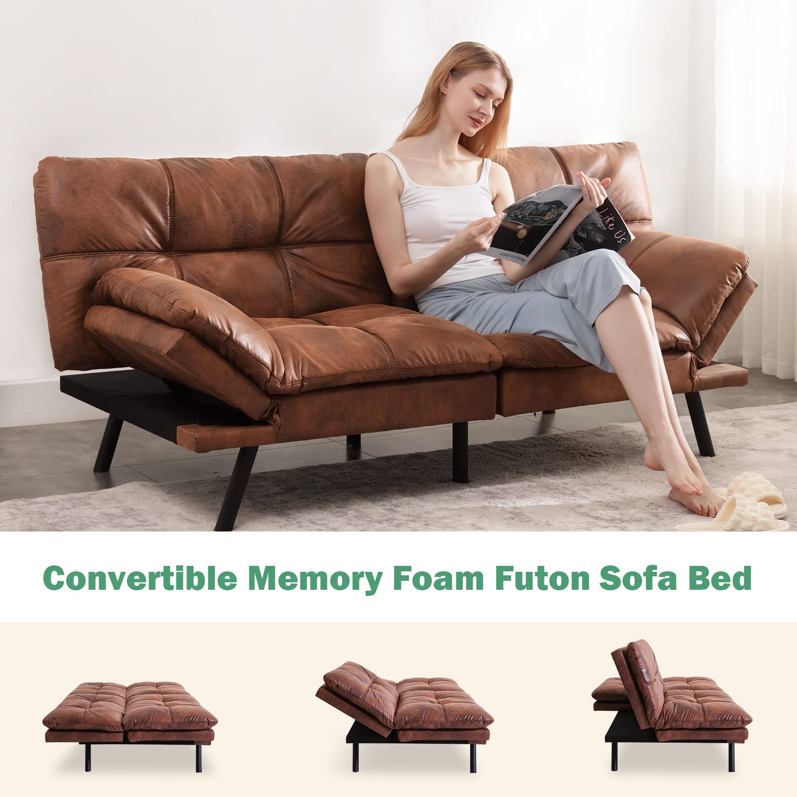 Convertible Futon Sofa Bed with Memory Foam