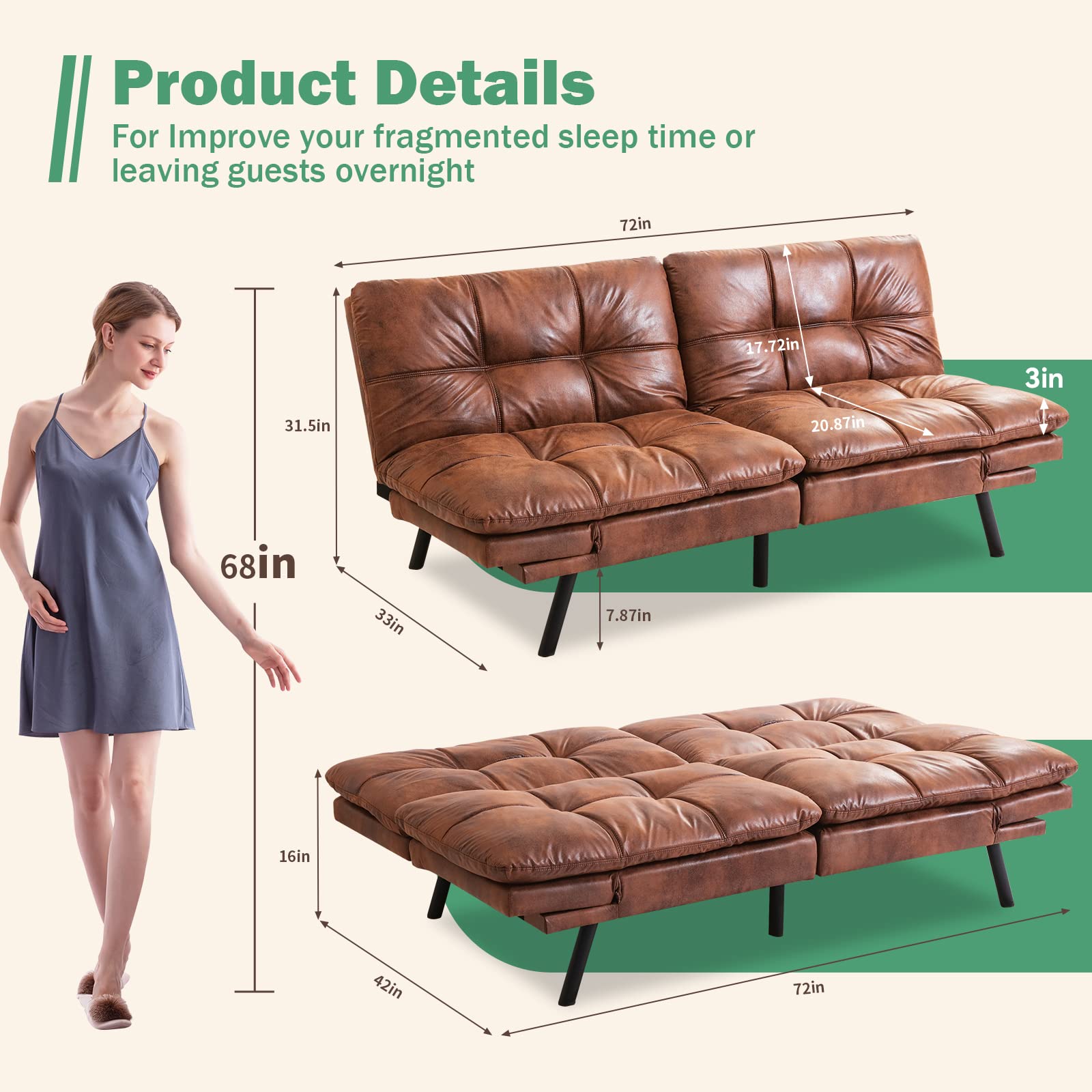 Convertible Futon Sofa Bed with Memory Foam
