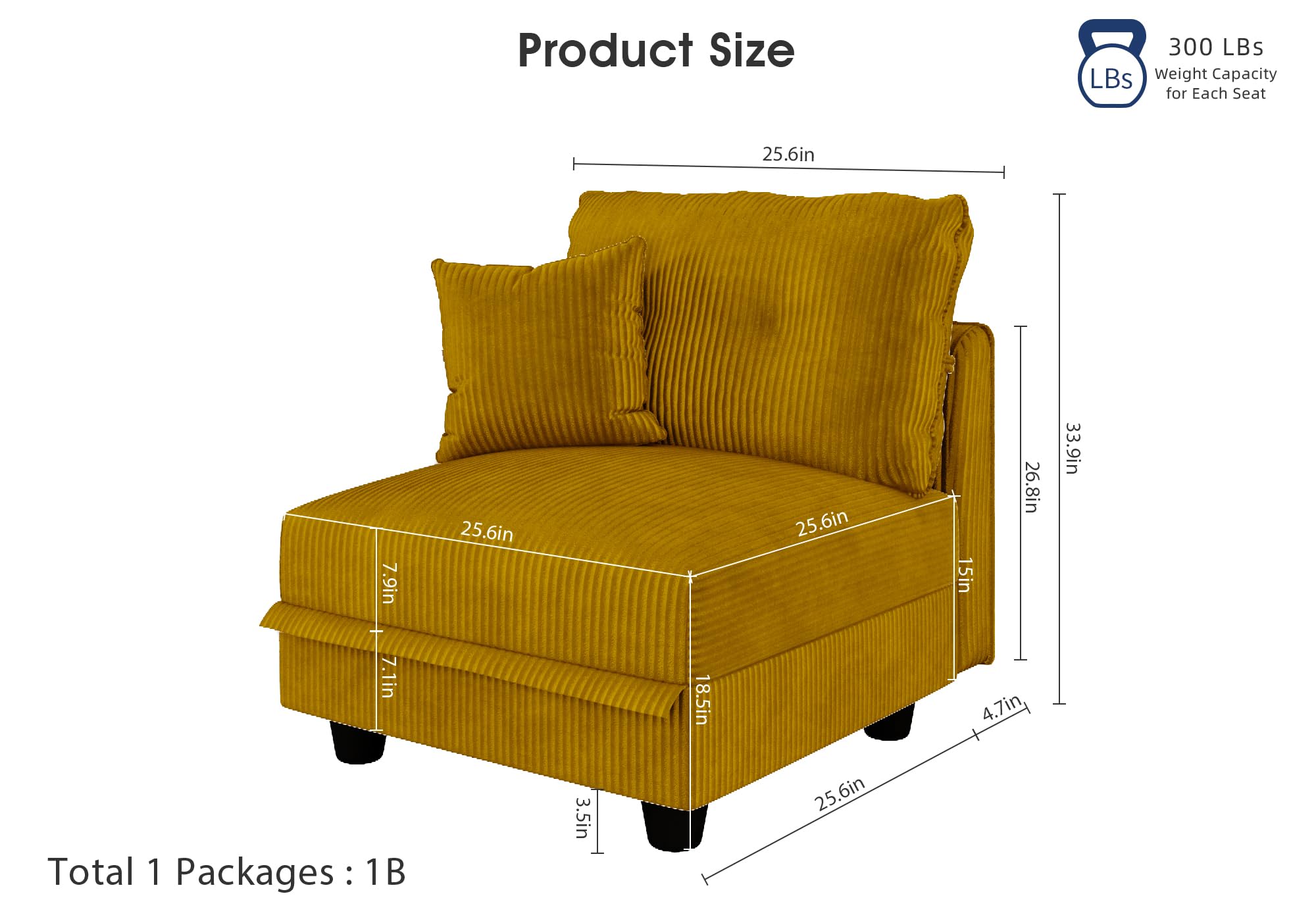 Modular Sectional Sofa with Storage - Yellow Corduroy Armless Chair
