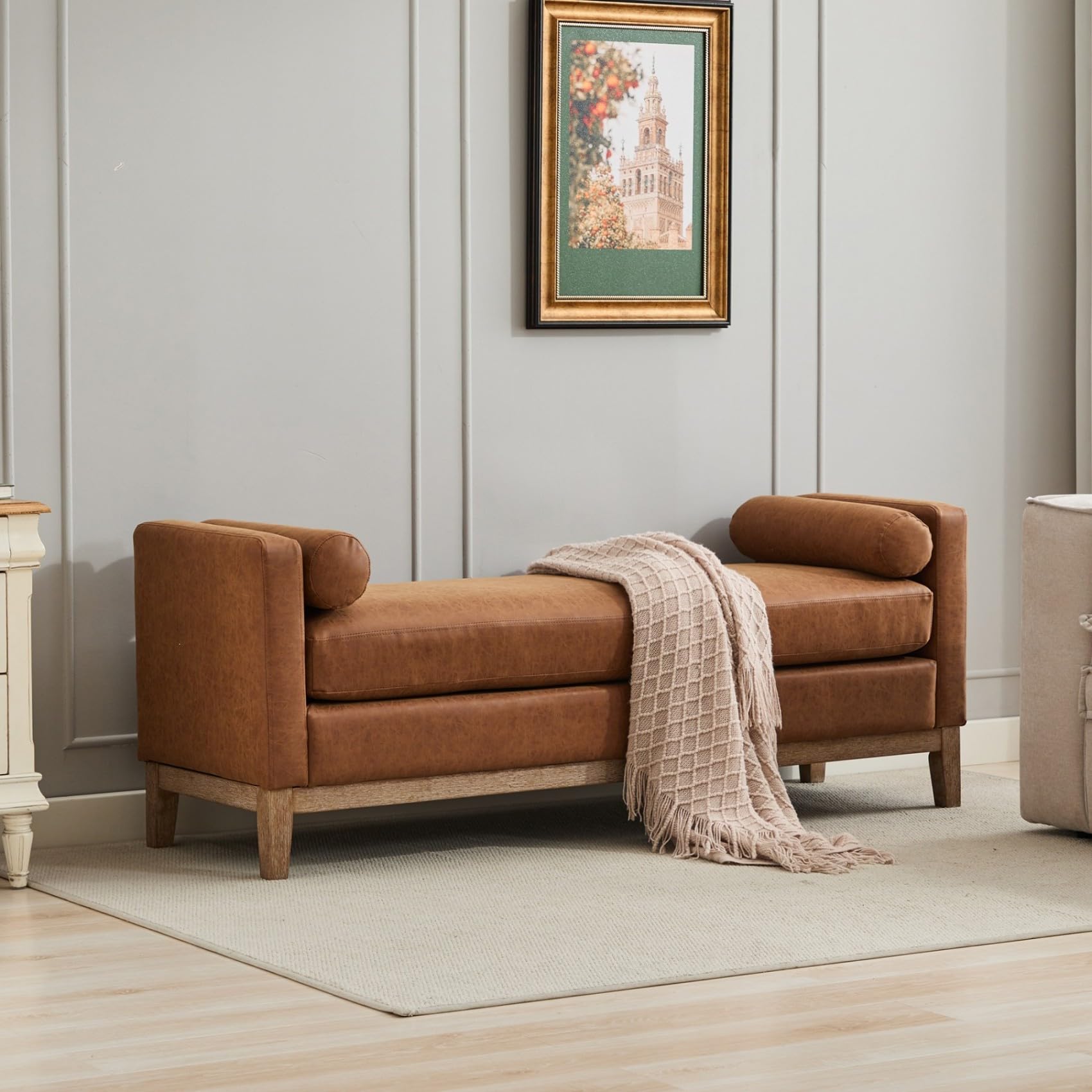 Oversized Upholstered Bench Ottoman with Bolster Pillows