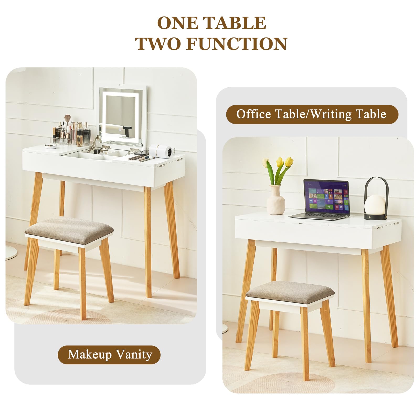 Flip Top Vanity Desk with LED Mirror and Power Outlet