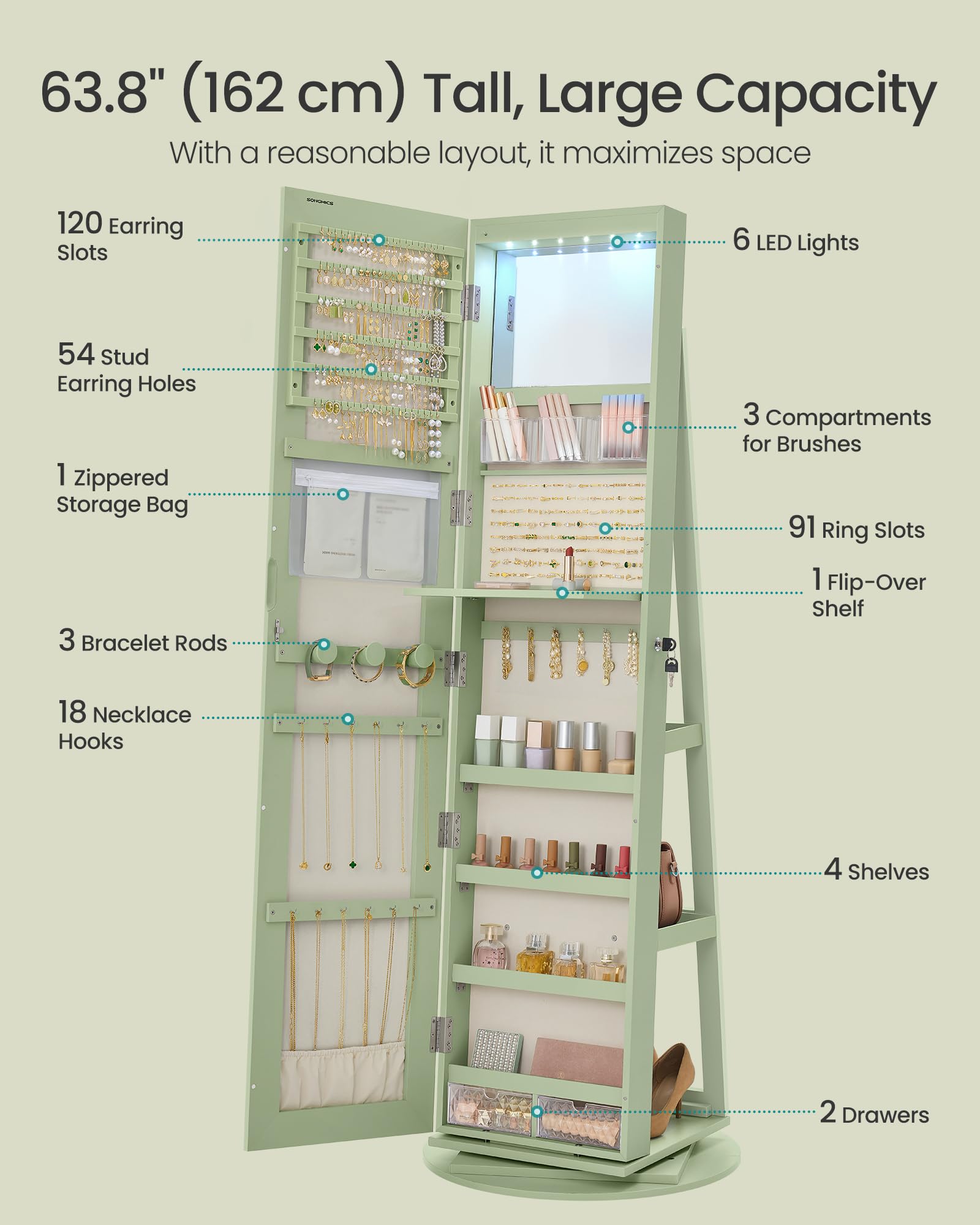 6 LEDs Lockable Mirror Jewelry Cabinet 360° Swivel Organizer Armoire