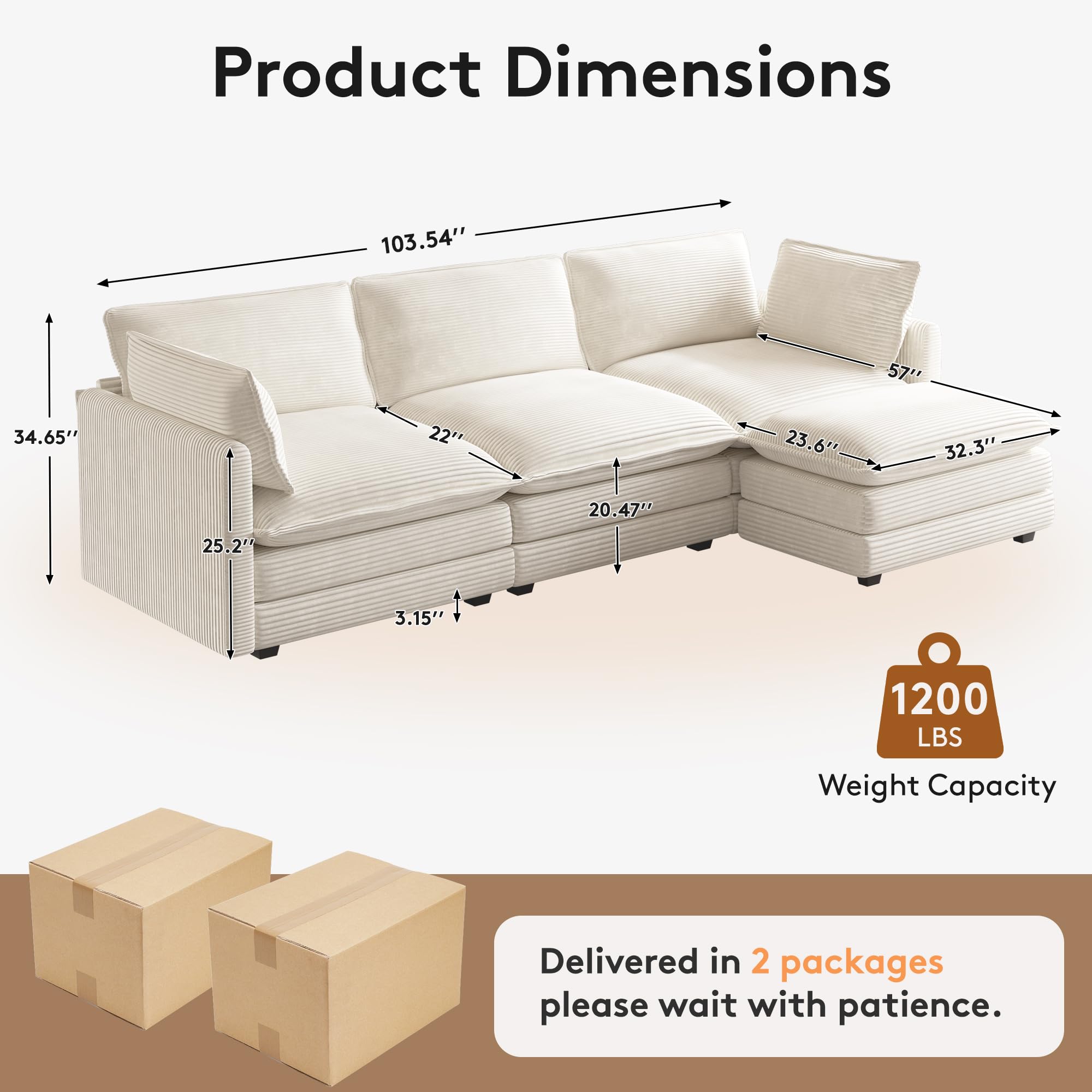 104" Modern Modular Sectional Sofa with Movable Ottoman