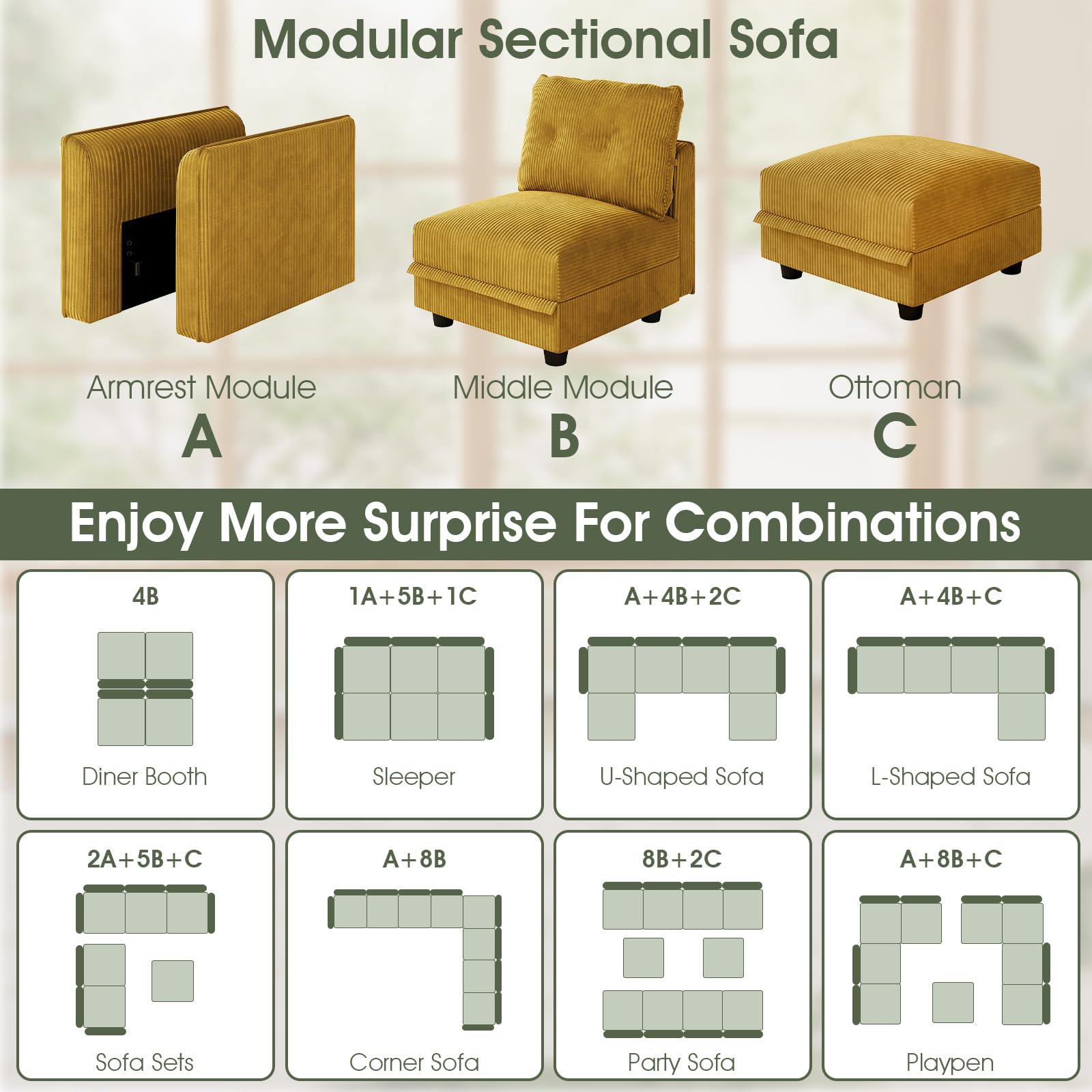 Modular Sectional Sofa with Storage - Yellow Corduroy Armless Chair