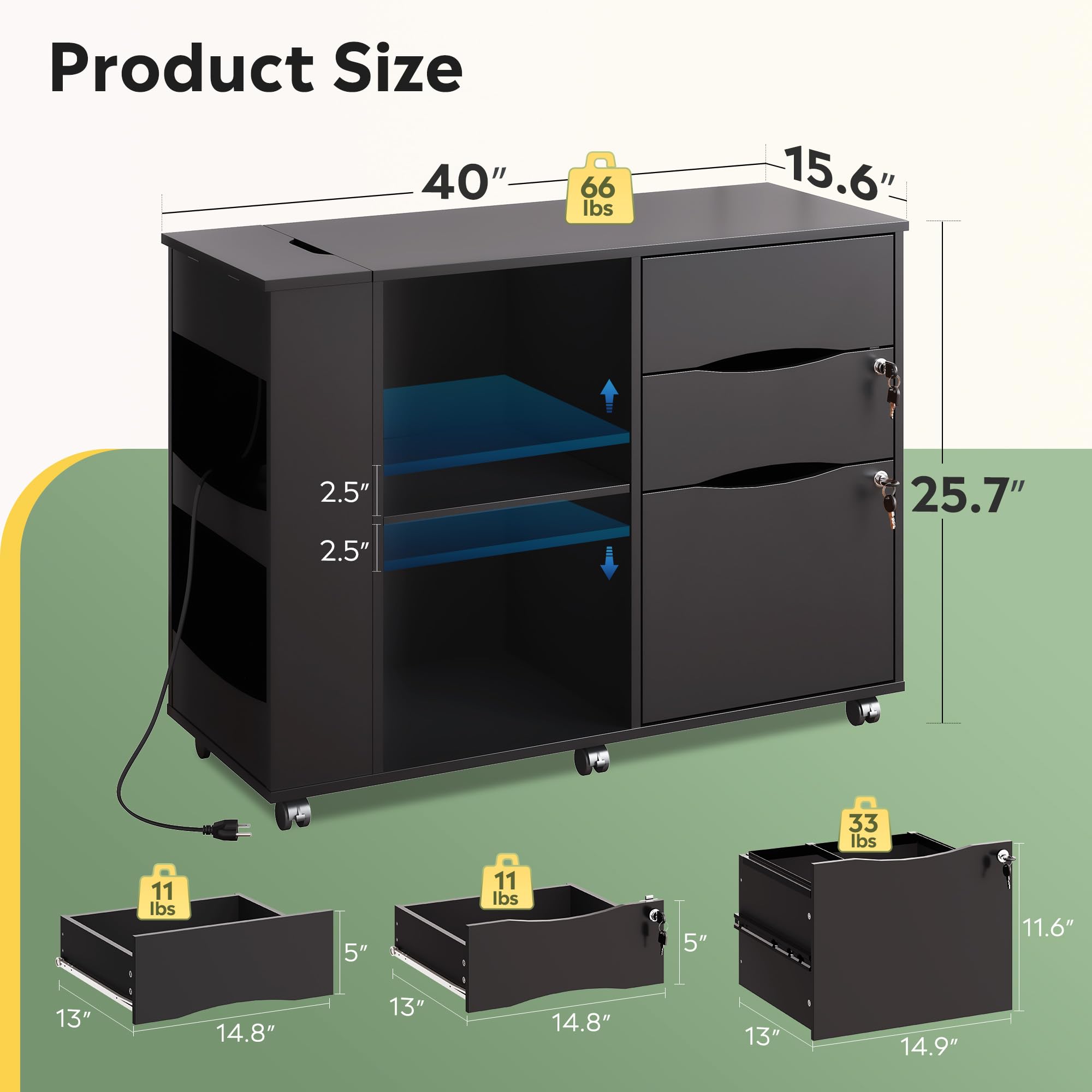 Mobile Filing Cabinet with Lock and Charging Station
