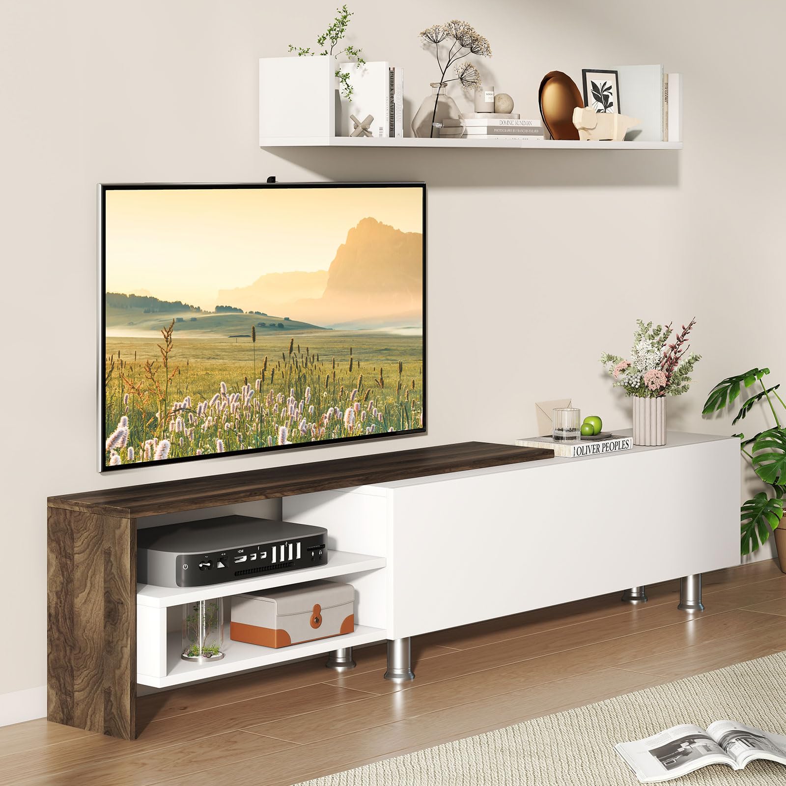 White TV Stand with 2 Wall Shelves for TVs up to 80 Inches