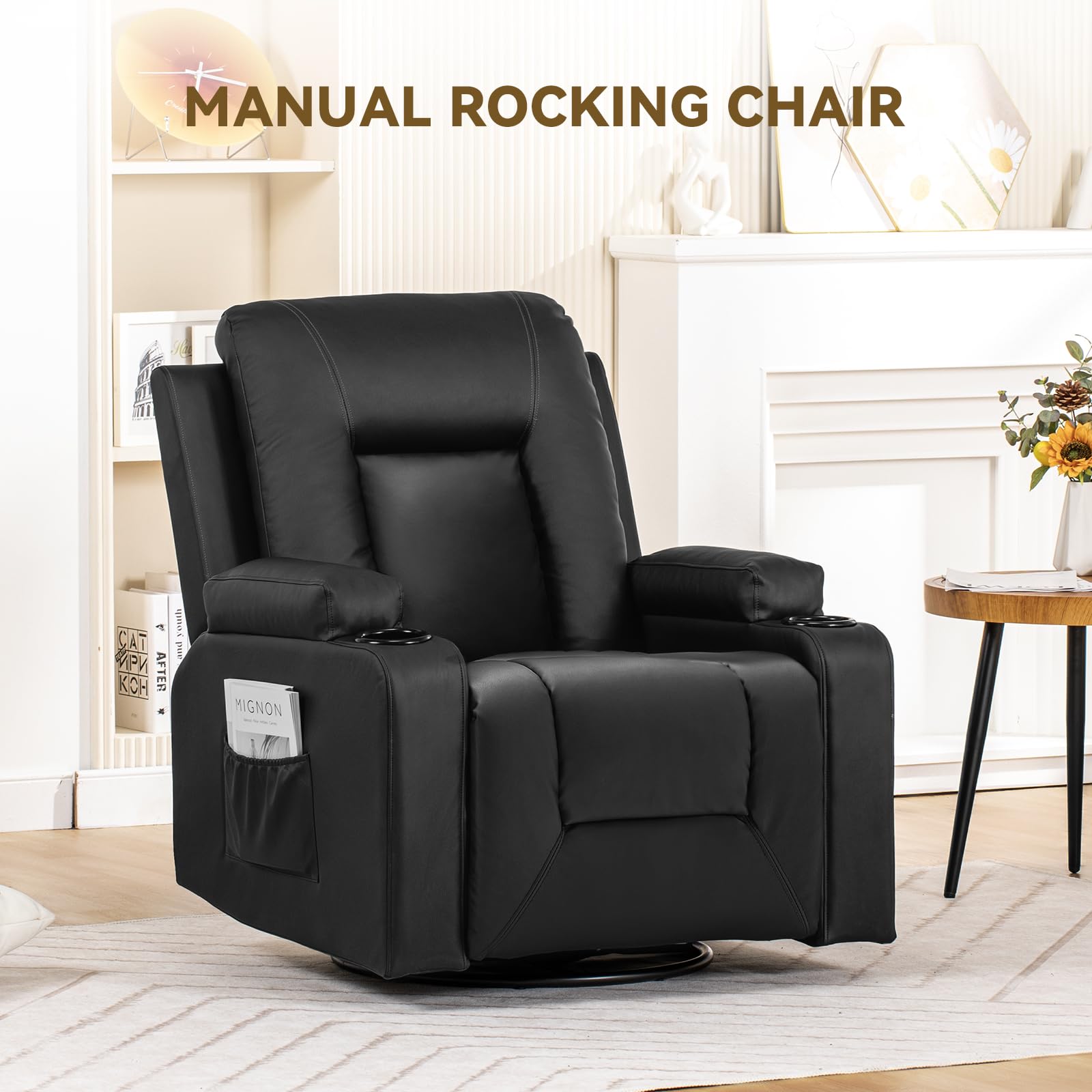 COMHOMA Recliner Chair, Swivel Rocker Recliners, Reclining Sofa with Side Pockets, Cup Holders for Living Room, Bedroom (Black)