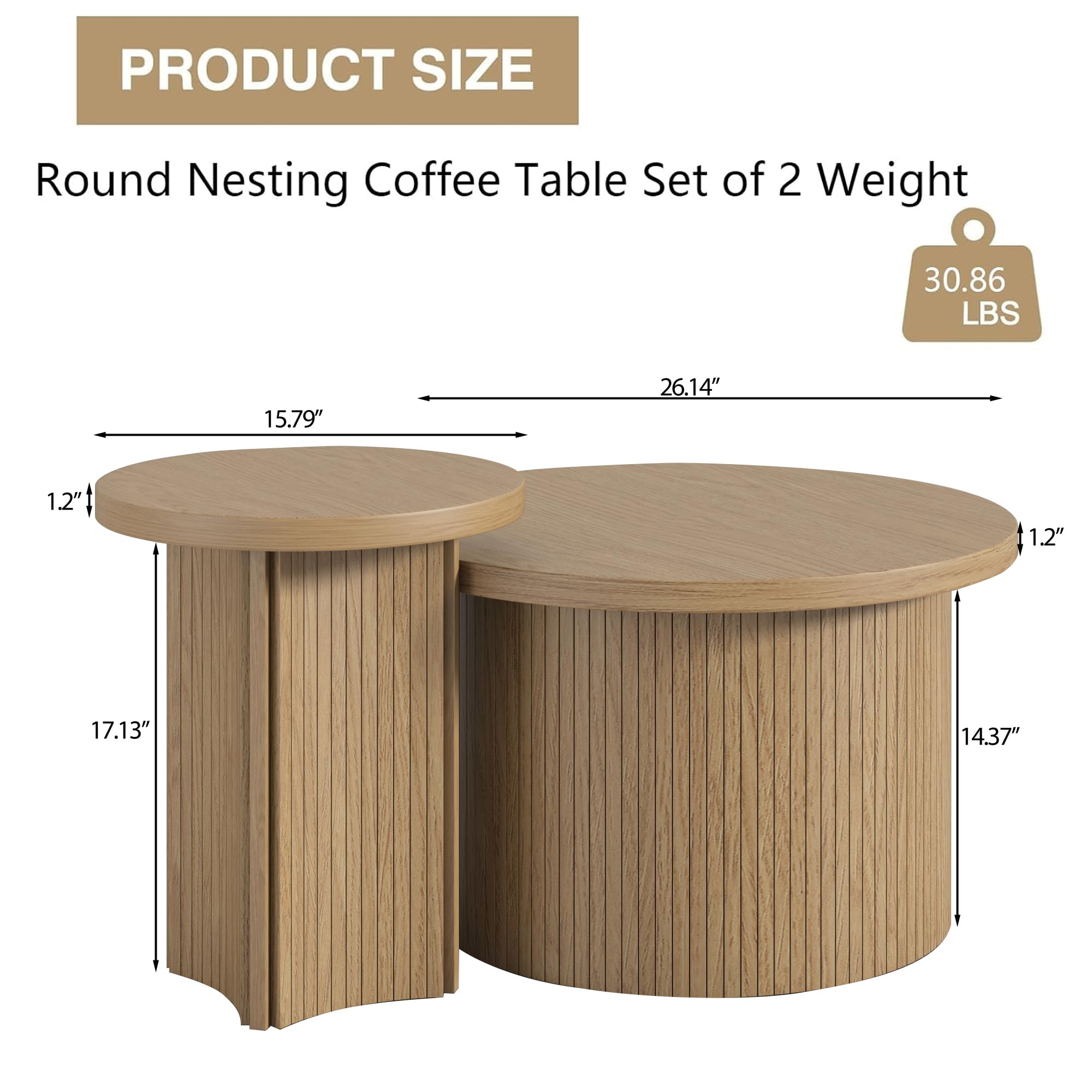 Mxtxmy Set of 2 Nesting Coffee Tables Farmhouse,Round Coffee Table Living Room,Wood Finish Coffee Table Set, Small Coffee Tables, Sofa Side Living Room Bedroom Coffee Side Table (Large Size - Set)