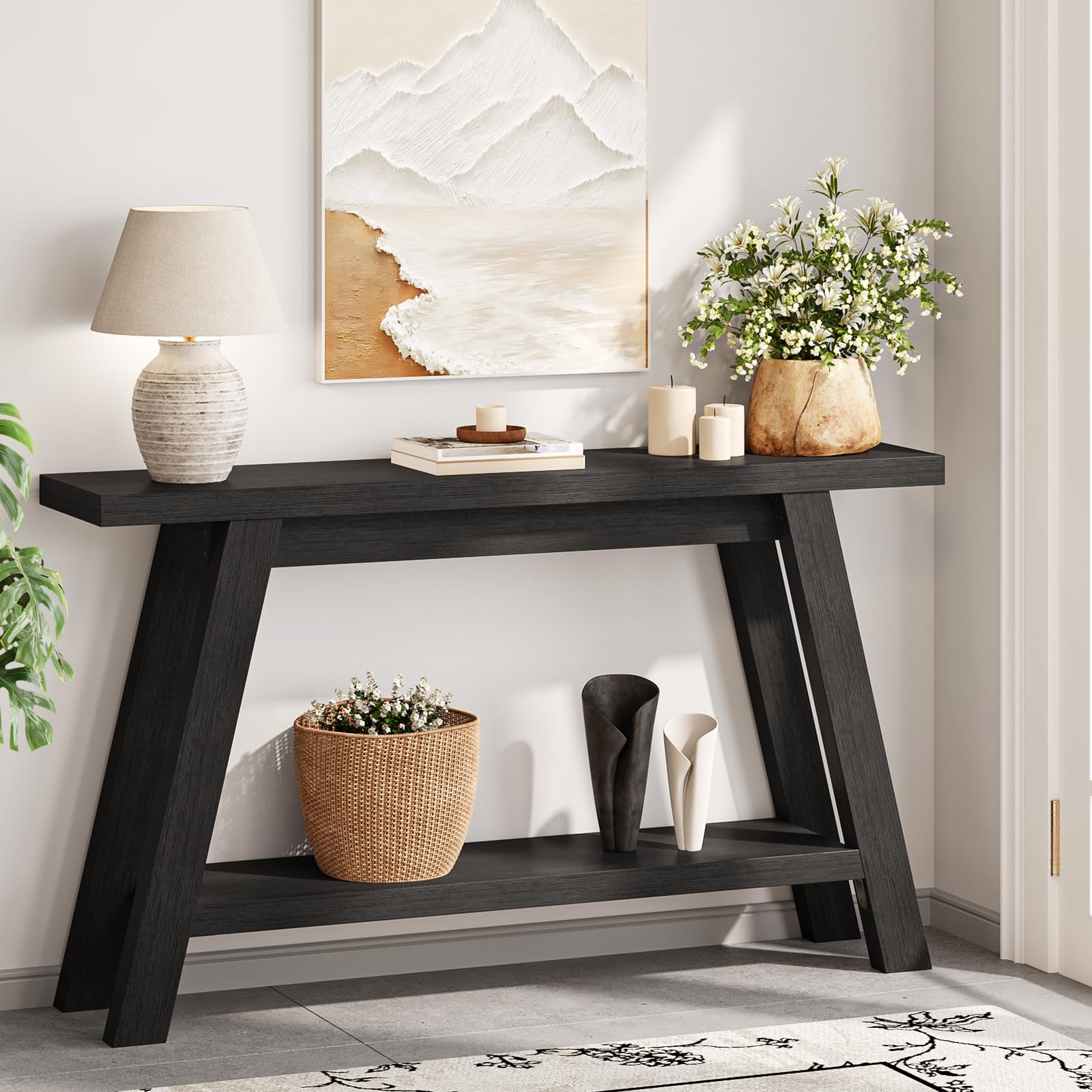 55-Inch Black Console Table 2-Tier Entryway Hallway Sofa Table