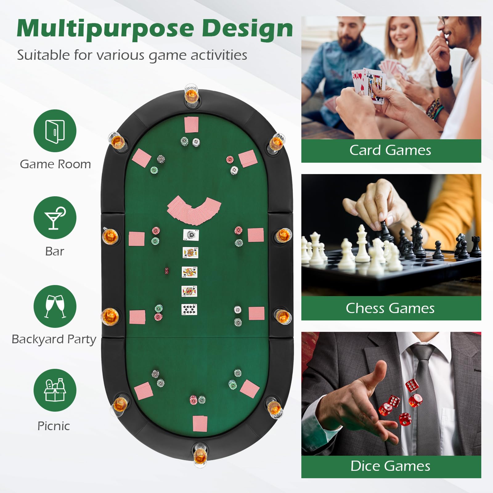 10-Player Oval Poker Table Top with Cup Holders
