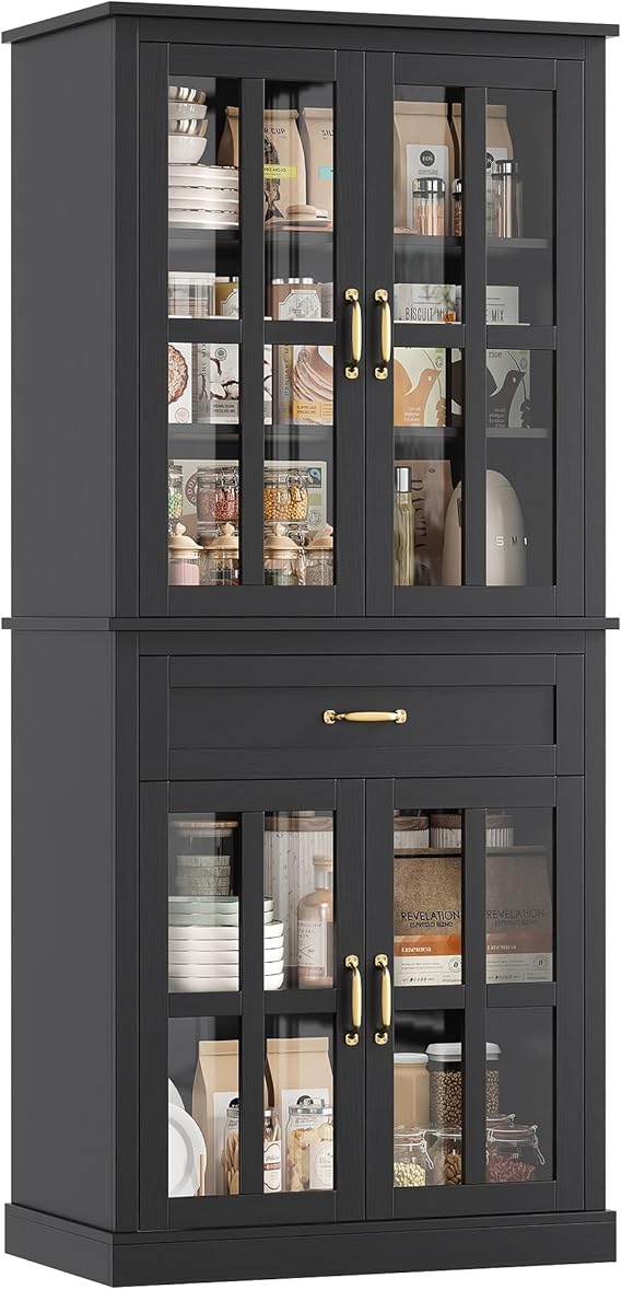 Kitchen Pantry Cabinet with Glass Doors and Drawer