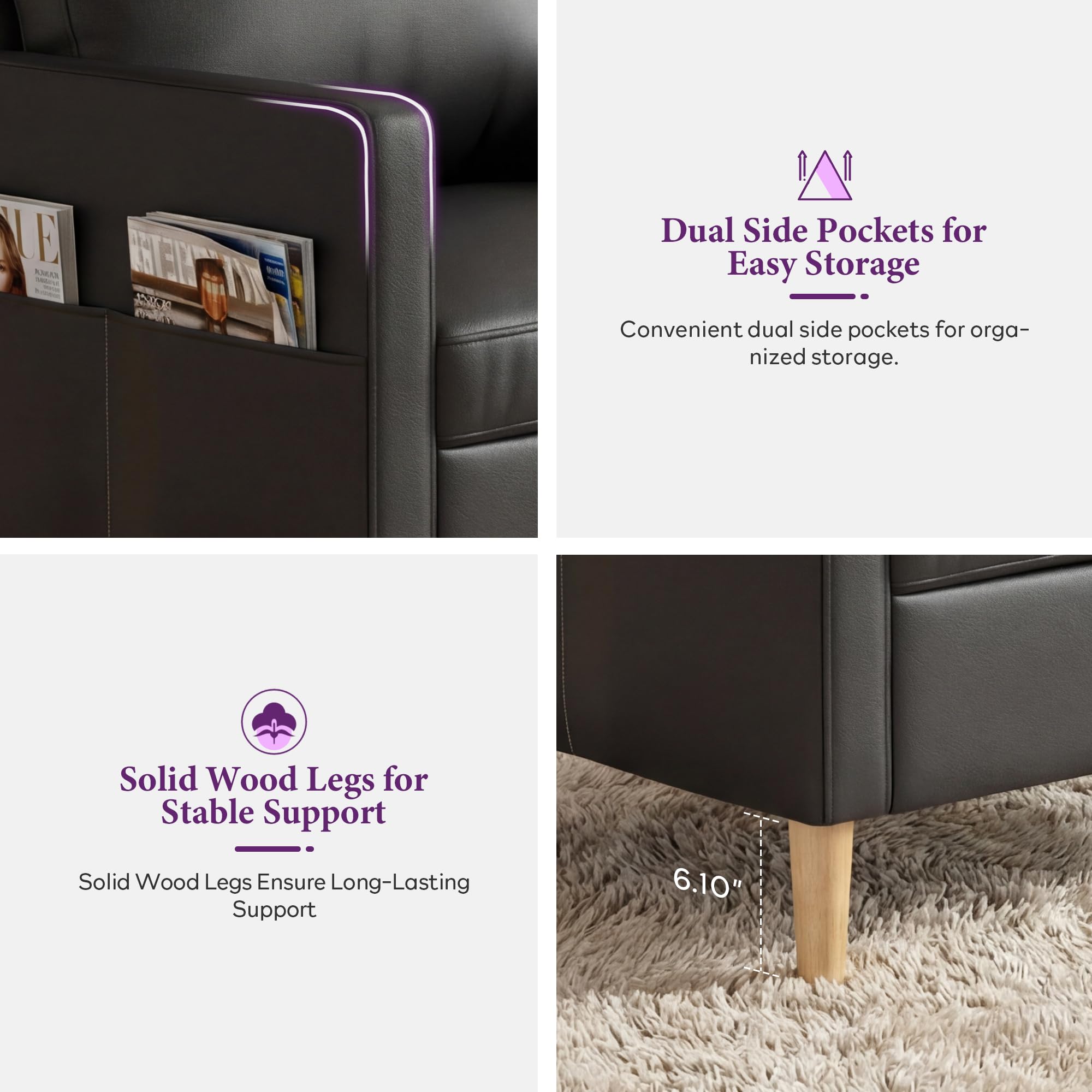 TYBOATLE Leather Chair w/Armrest Pockets, Solid Wood Accent Chairs Set of 2, Mid Century Modern Living Room Chairs, Comfy Waiting Room Chairs for Bedroom, Office, Black