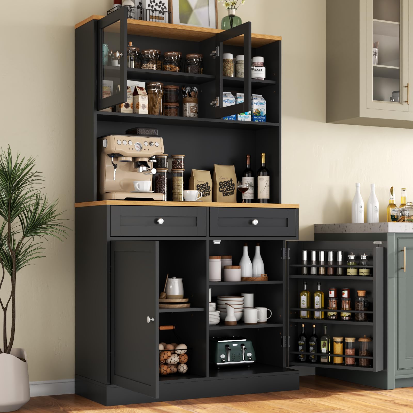 Kitchen Pantry Cabinet with Glass Doors
