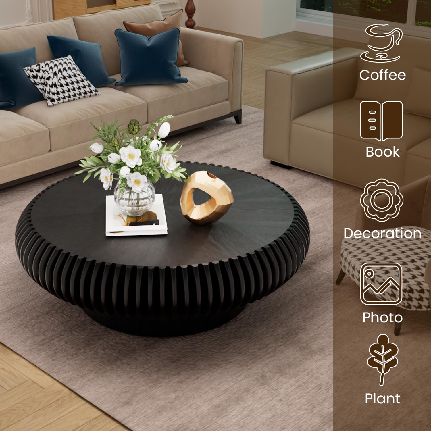 Round Fluted Coffee Table 39.3" Black