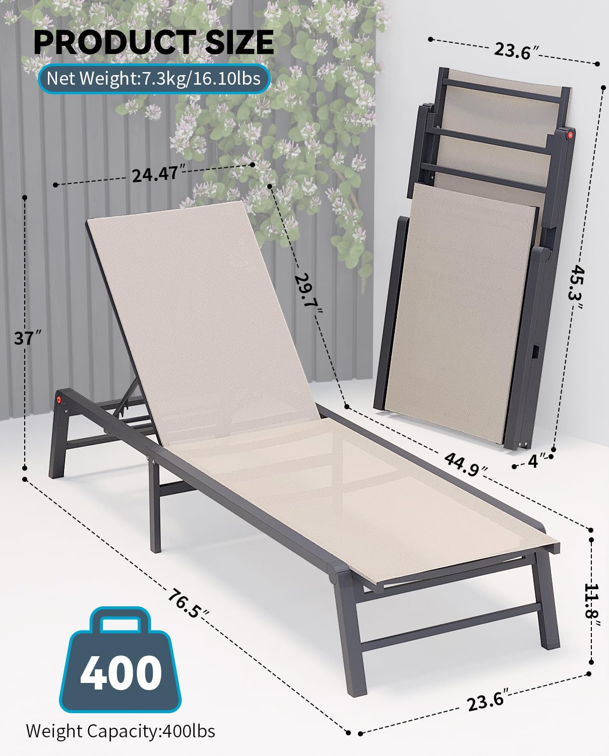 Aluminum Chaise Lounge Chair - Foldable Outdoor Patio Lounger with 5 Adjustable Positions