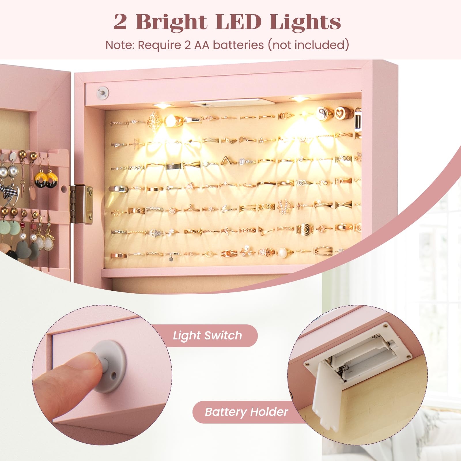 Wall-Mounted Jewelry Armoire with Full-Length Mirror and LED Lights
