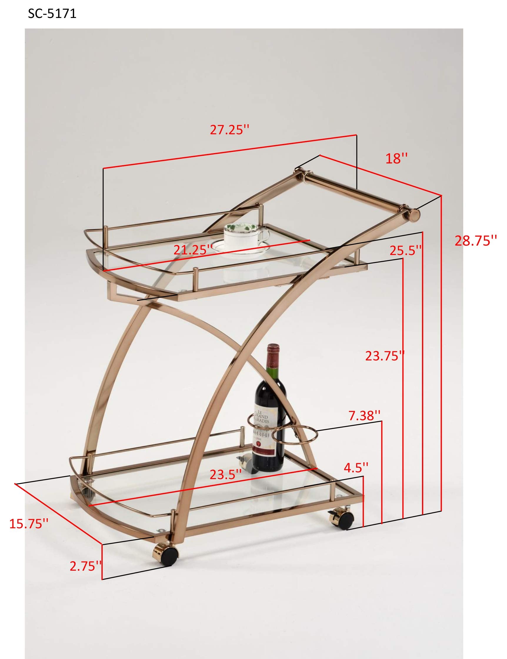 Rolling Bar Serving Cart with Glass Shelves and Wine Rack